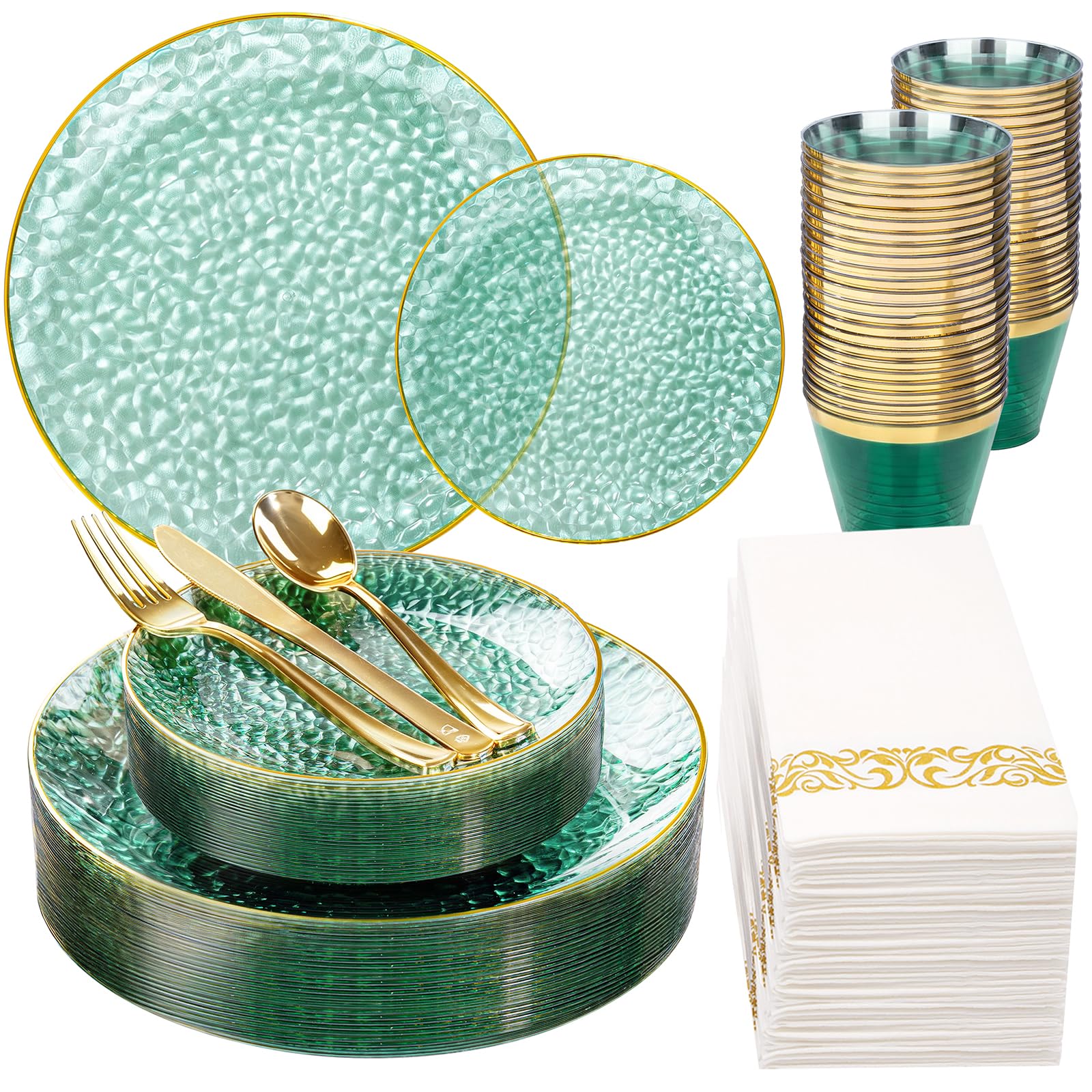 DaYammi 350PCS Clear Gold Plastic Dinnerware Set for 50 Guests, Hammered Disposable Plates for Party, Include: 50 Dinner Plates, 50 Dessert Plates, 150 Gold Silverware, 50 Napkins, 50 Cups