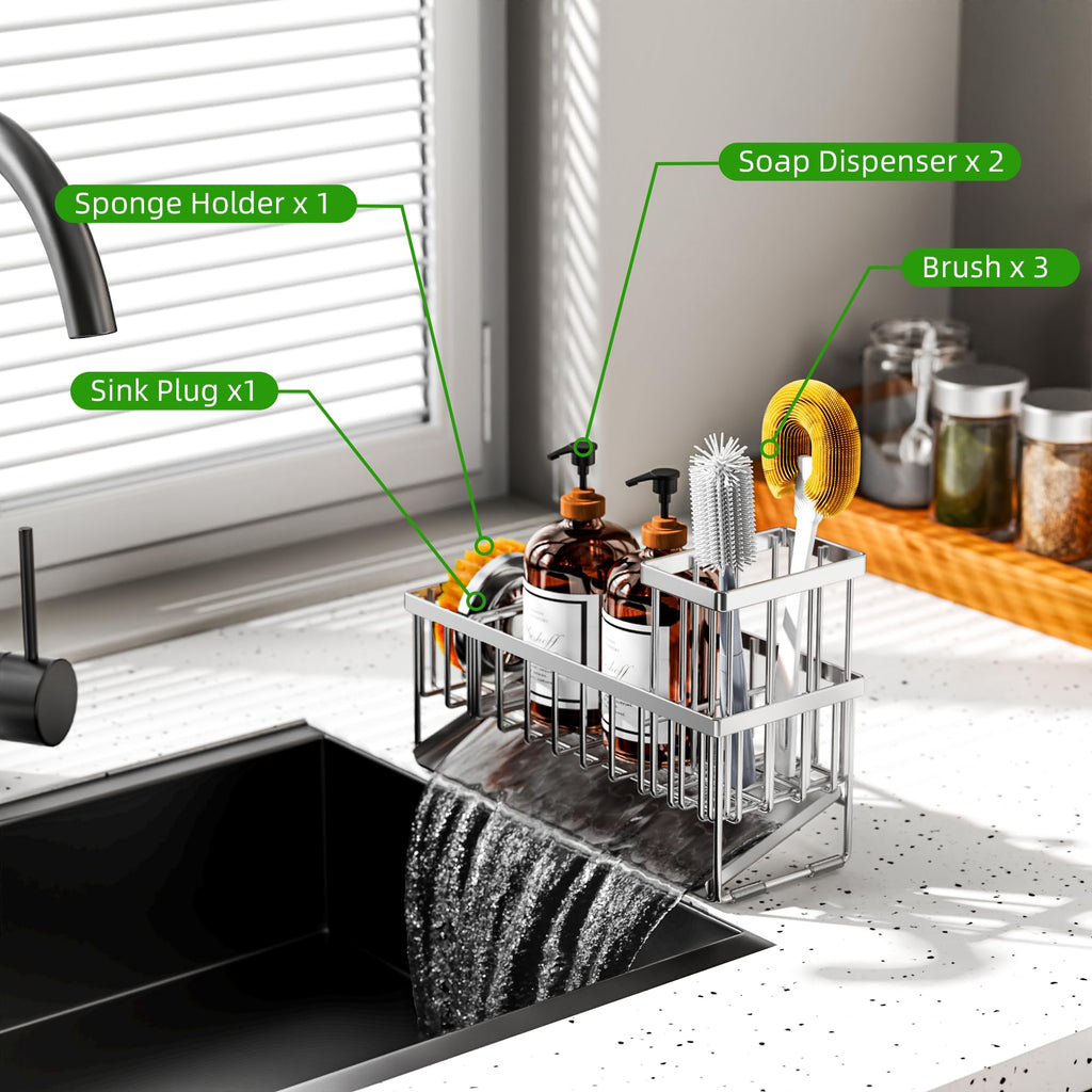 Cisily Sink Caddy Sponge Holder for Kitchen with Brush Holder and Stainless Steel Self Drain Tray, Rustproof Kitchen Sink Organizer for Sponge, Soap Dispenser Storage Accessories