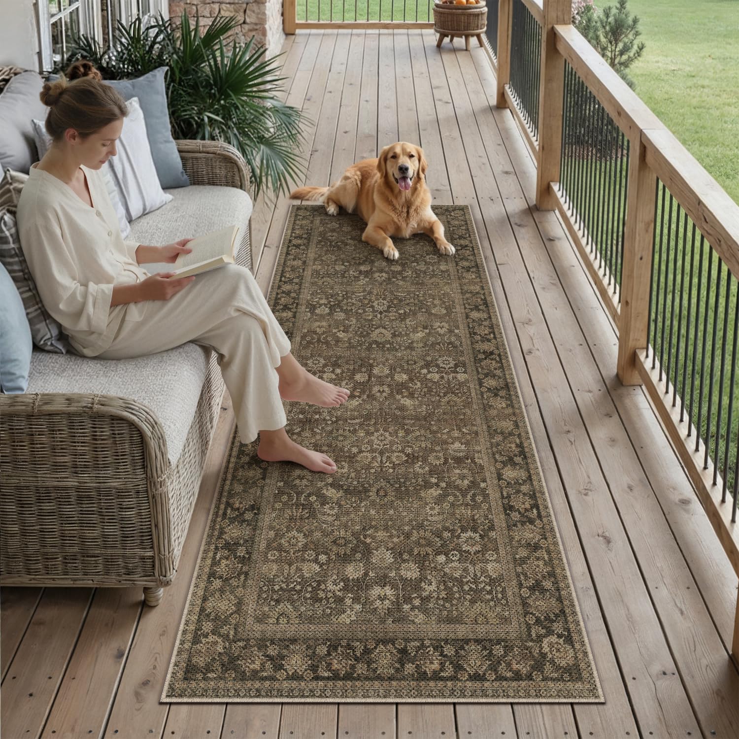 HUGEAR 5x7 Machine Washable Rugs Brown Hallway Area Rug Indoor Accent Rug Floral Low Pile Carpet Soft Throw Aesthetic Rug Bedroom Living Room Office Dining Room Kitchen Laundry Room Non Slip