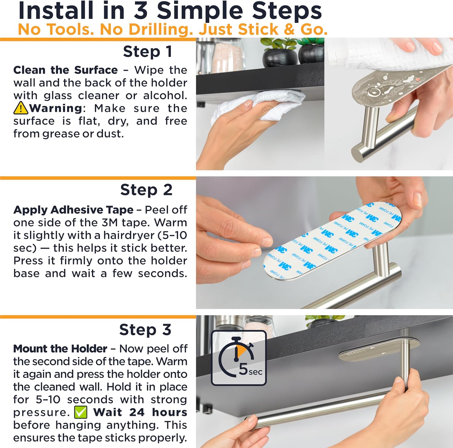 Deiss Pro Paper Towel Holder – Under Cabinet, Wall Mount, or Countertop – Rust-Resistant Stainless Steel, One-Handed Tear Design, Space-Saving Paper Towel Dispenser, Towel Holder for Kitchen