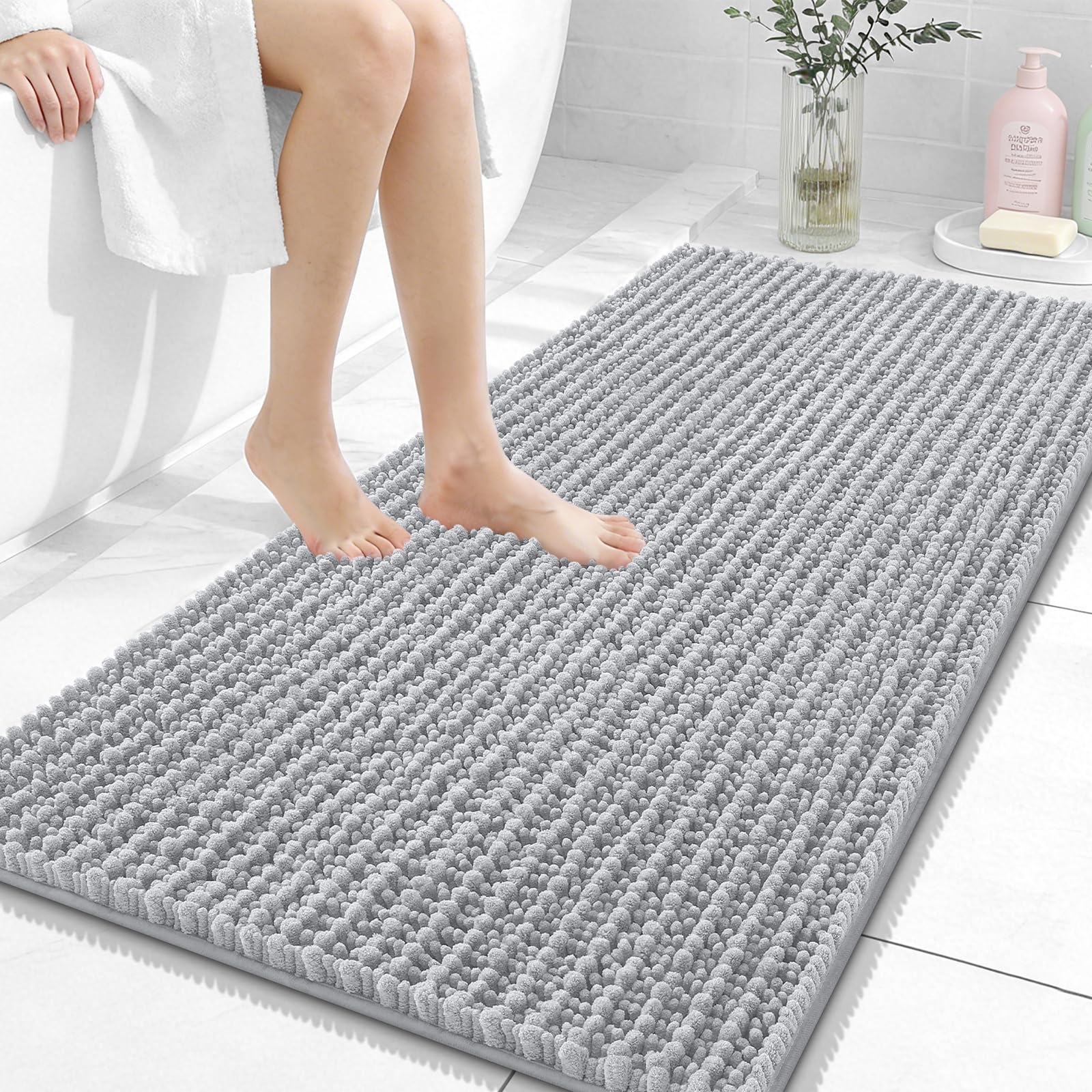 OLANLY Bathroom Rug Mat 30x20, Thick Soft and Absorbent Chenille Bath Mat, Non-Slip Rubber Backing, Machine Washable Quick Dry Bath Rugs for Tub Shower Floor, Home Decor Accessories, Grey