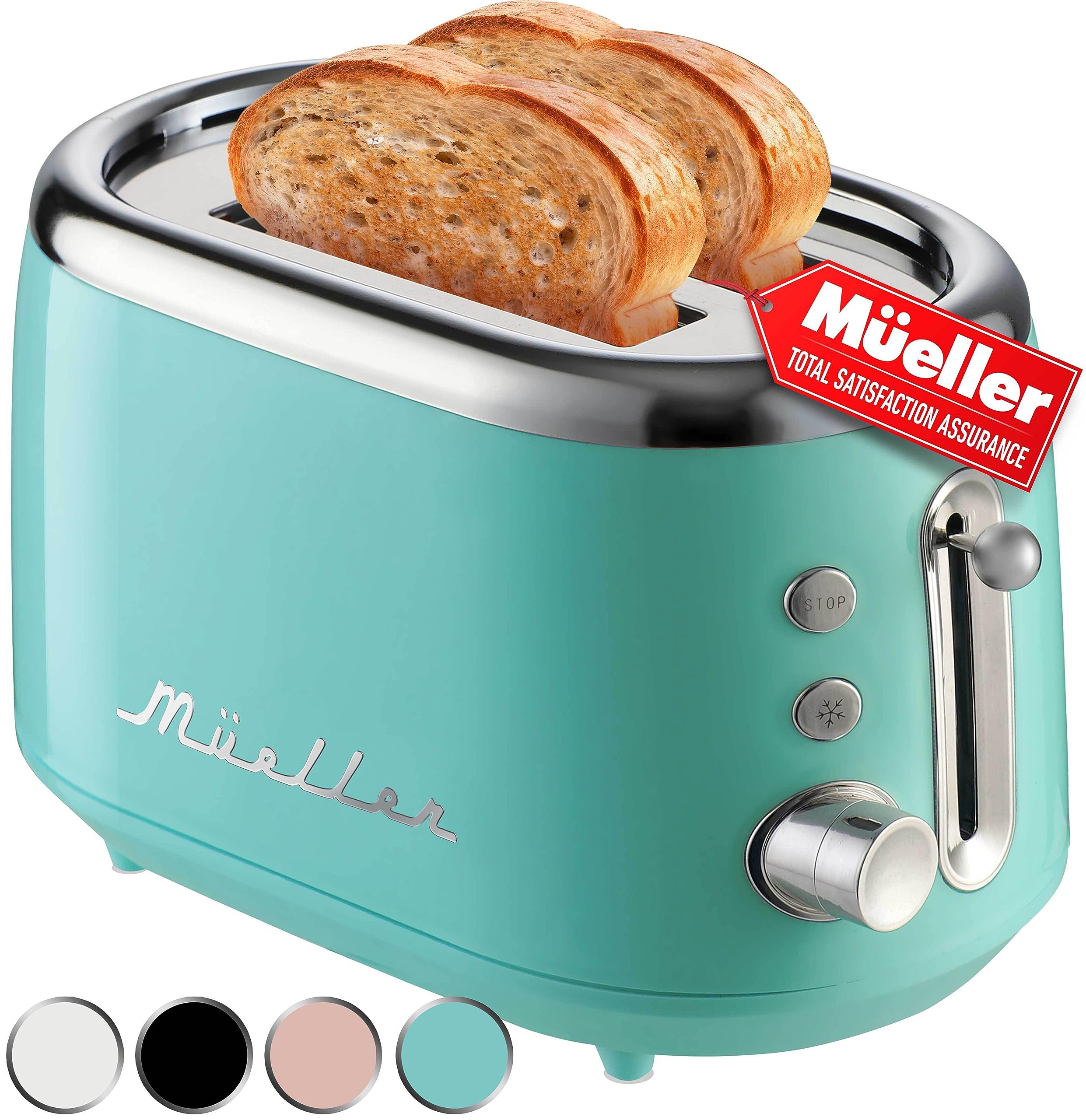 MUELLER HOME Retro Toaster 2 Slice, 7 Browning Levels, 3 Functions (Reheat, Defrost, Cancel), Stainless Steel Features, Removable Crumb Tray, Under Base Cord Storage, Turquoise