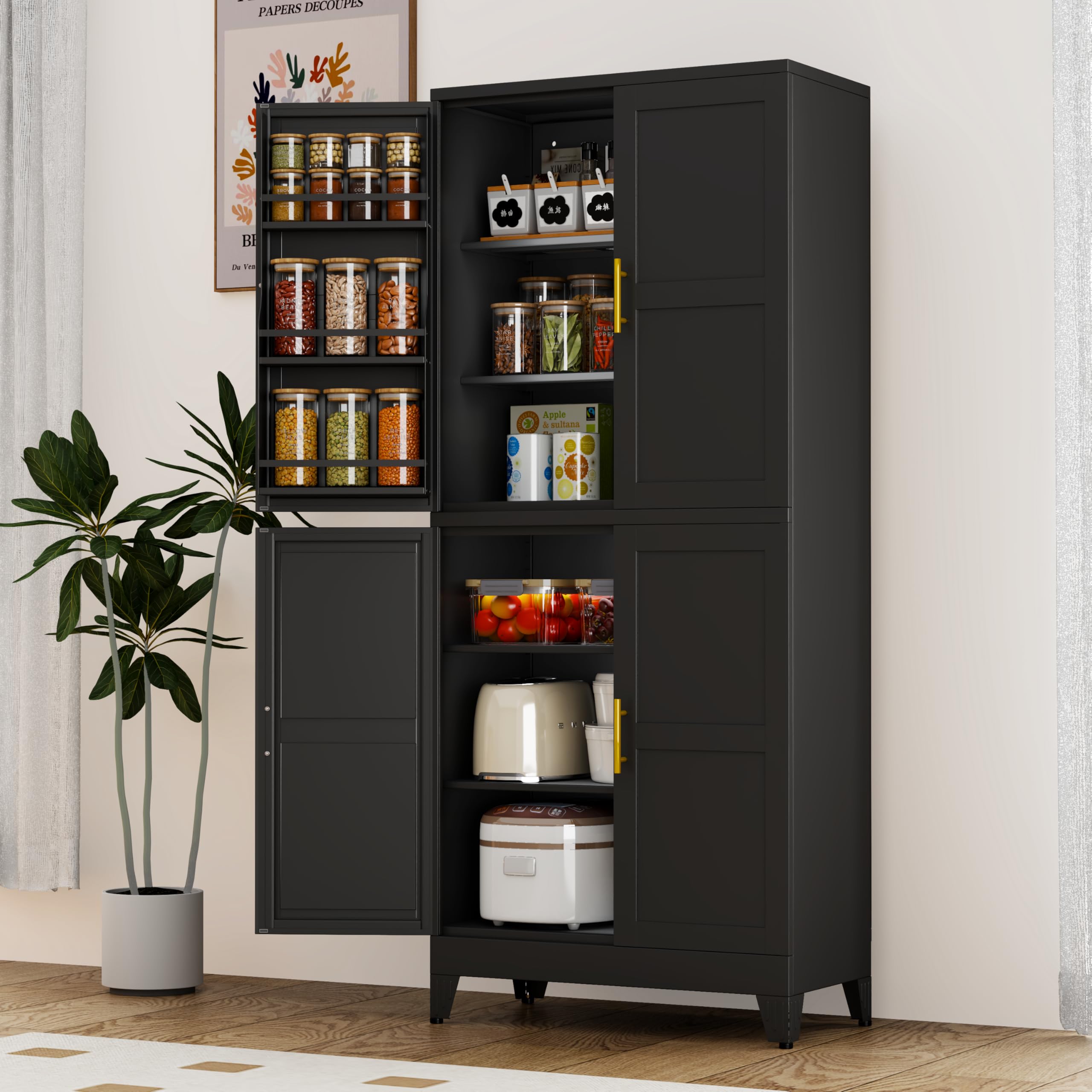 GAIOUS Metal Pantry Cabinet, Kitchen Pantry Storage Cabinets with 2 Door and 3 Adjustable Shelves, White Kitchen Pantry Cabinet, Freestanding Cupboard for Dining Room Living Room Bathroom