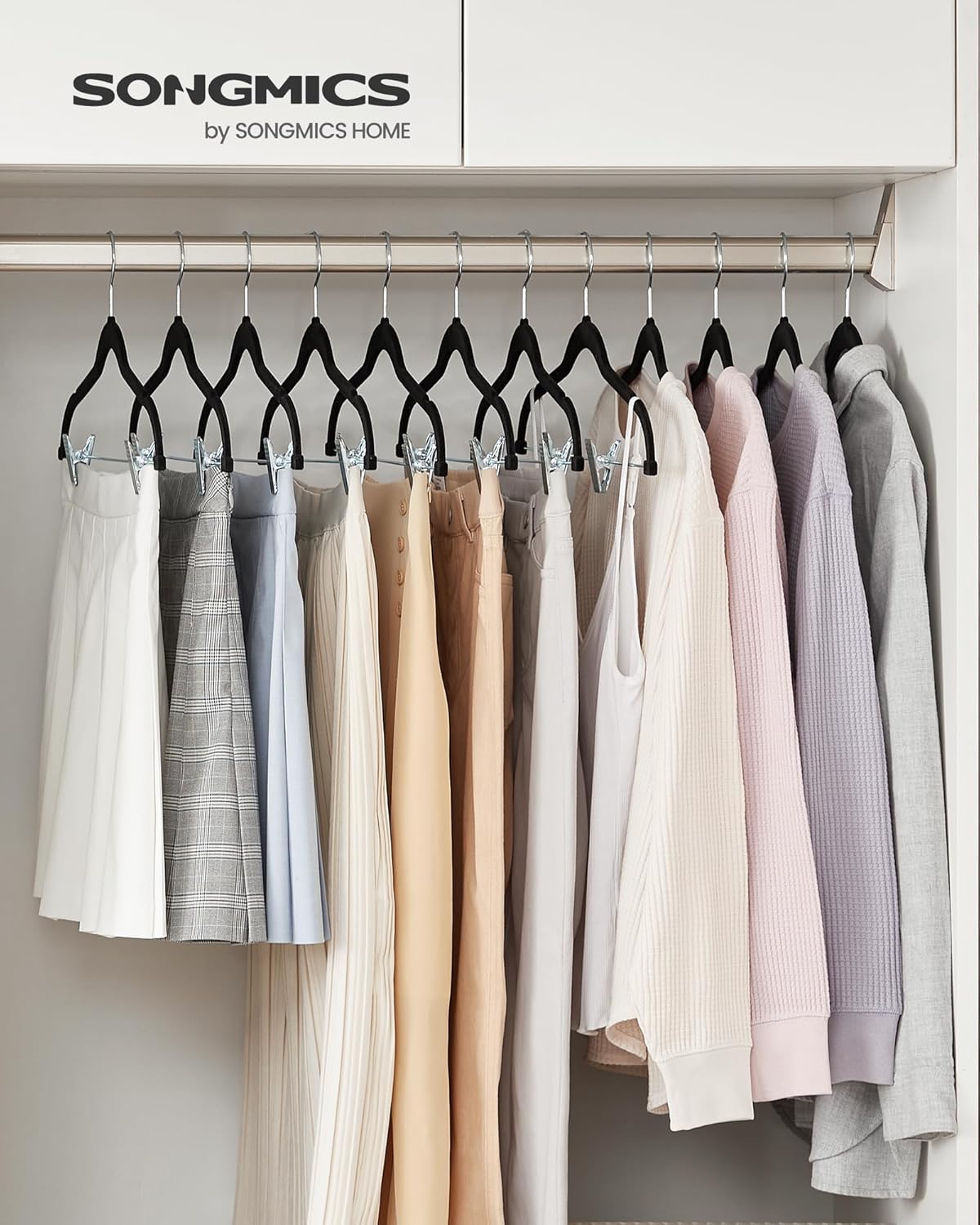 SONGMICS 30 Pack Pants Hangers, 16.7 Inches Long Velvet Trousers Hangers with Adjustable Clips, Heavy-Duty, Non-Slip, Space-Saving for Pants, Skirts, Coats, Dresses, Tank Tops, Black UCRF12B30