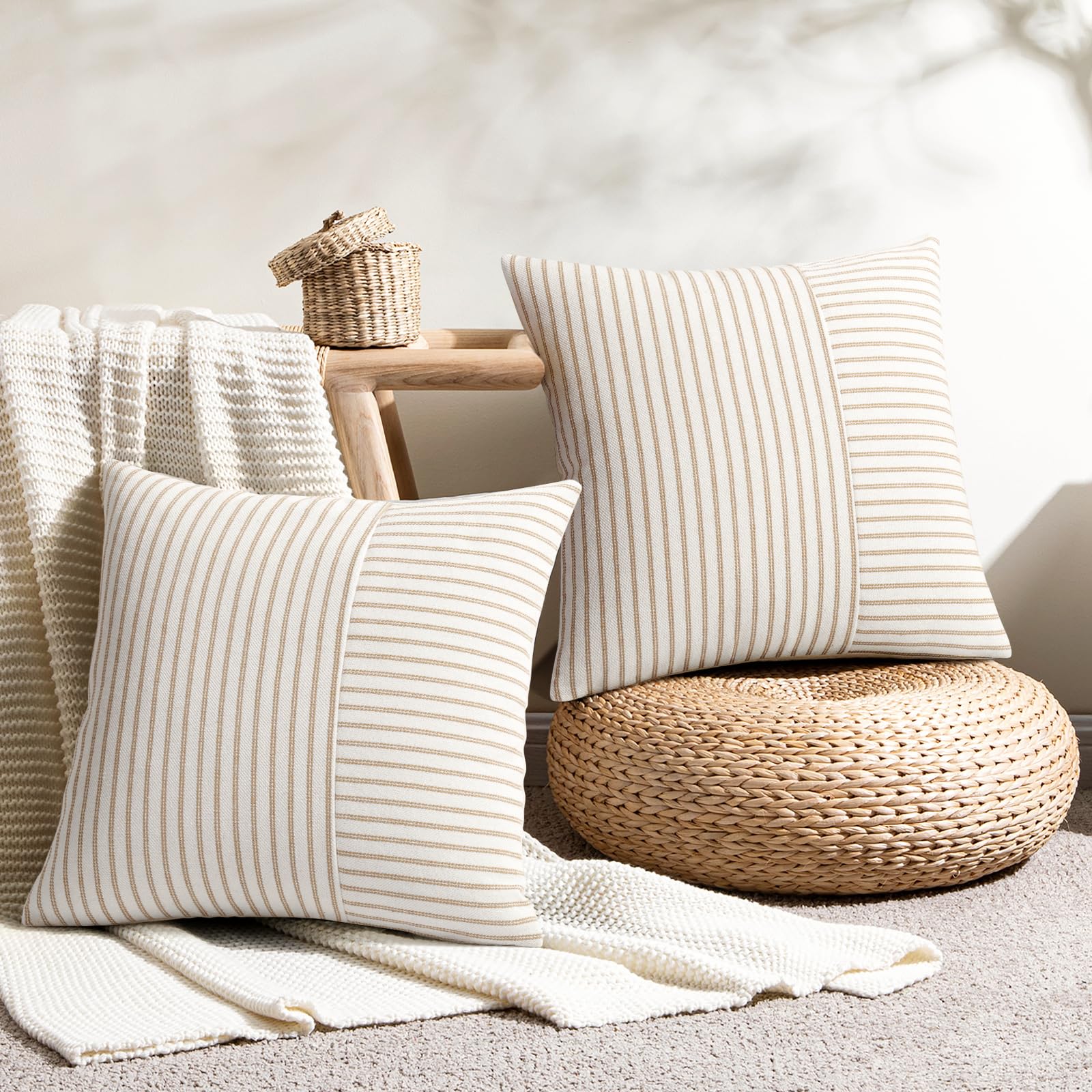 YCOLL Farmhouse Pillow Covers 18x18, Modern Accent Square Throw Pillow Covers Set of 2, Gray and Beige Striped Patchwork Linen Decorative Pillows Cushion Covers for Couch Chair Bedroom Home Decor
