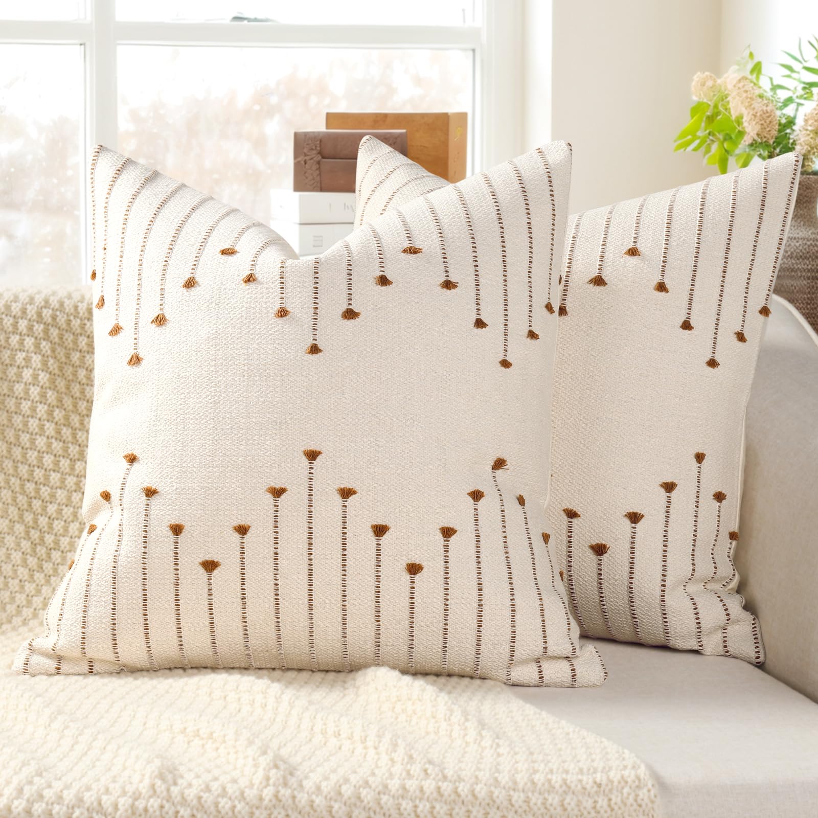 Boho Outdoor Throw Pillow Covers 18x18 Set of 2 Neutral Woven Decorative Pillowcases Cotton Tufted Couch Pillows Modern Farmhouse Cushion Covers for Sofa Couch Bed Living Room Home Decor, Navy Blue
