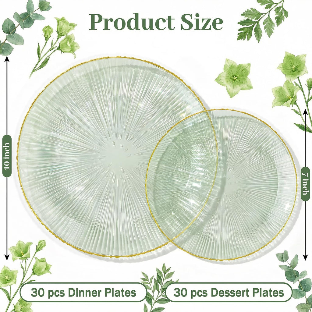 DaYammi 60Pcs Sage Green Plastic Plates with Gold Rim,Disposable Plates Set Includes 30 Dinner Plate & 30 Salad Plate,Fancy Green Party Plates with Radial Texture for Party Wedding Dinner