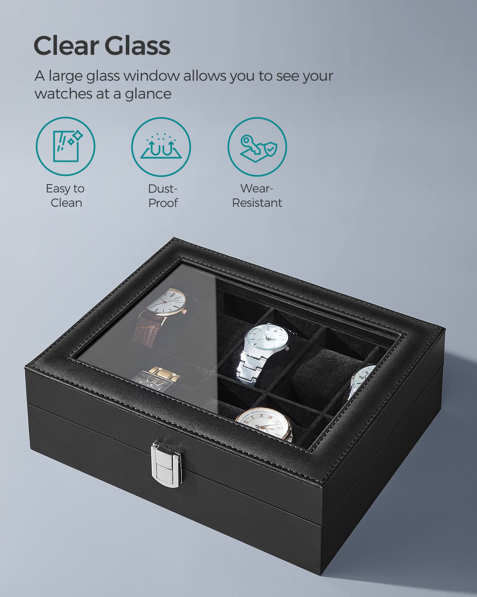 SONGMICS Watch Box, 12-Slot Watch Case Organizer with Large Glass Lid, Removable Pillows, Gift for Loved Ones, Black Synthetic Leather, Gray Lining UJWB12BK
