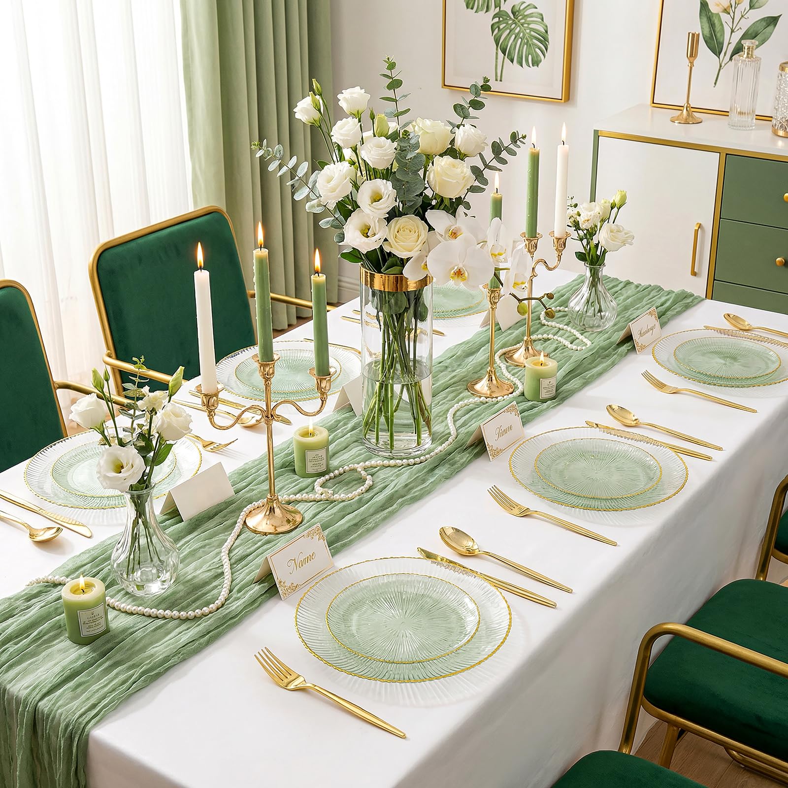 DaYammi 60Pcs Sage Green Plastic Plates with Gold Rim,Disposable Plates Set Includes 30 Dinner Plate & 30 Salad Plate,Fancy Green Party Plates with Radial Texture for Party Wedding Dinner
