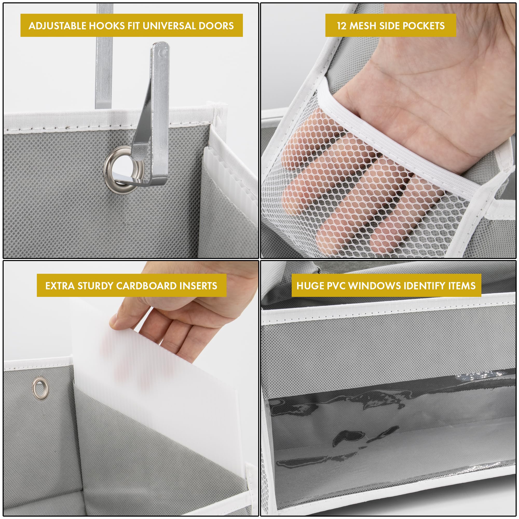 HOMELUX THEORY UPGRADED 6 Tiers Over The Door Organizer Hanging - 100D EXTRA THICK & 50lbs HUGE CAPACITY, 12 Side Mesh Pockets Over The Door Shoe Organizer, Hanging Closet Organizer (Ivory, 1pc)