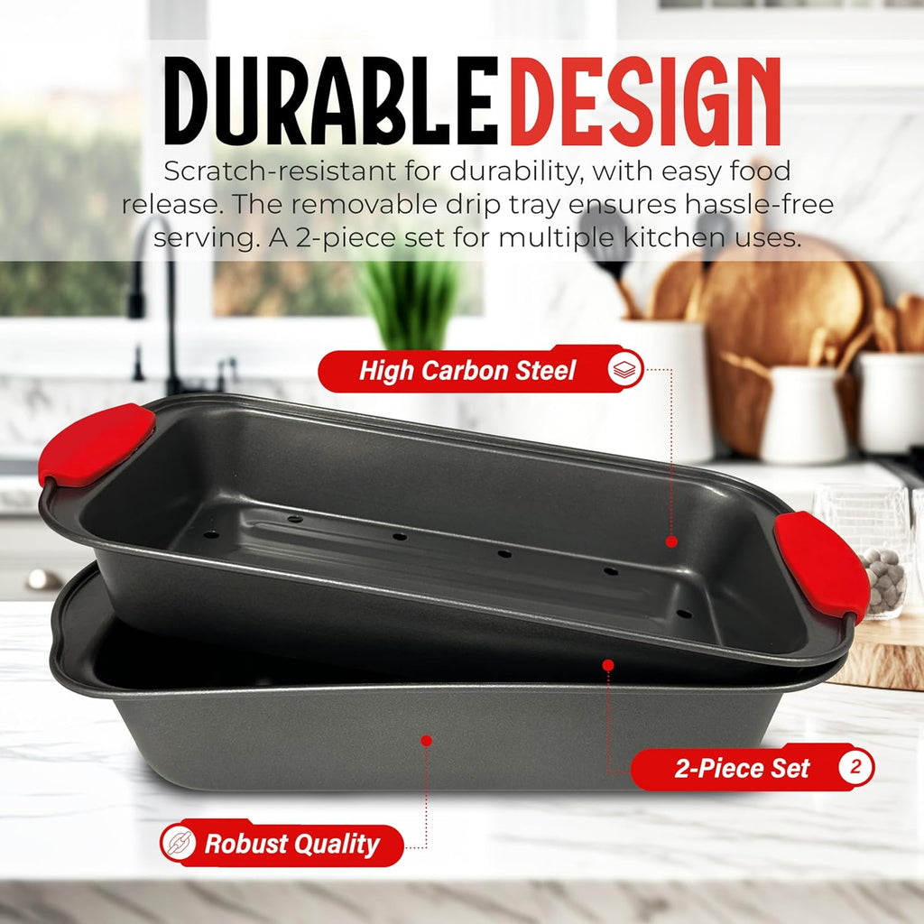 PERLLI Nonstick Meatloaf Pan with Drip Tray Insert – High-Carbon Steel Bakeware with Silicone Grips – Ideal for Baking Bread, Cake, and Roasting Meat in the Oven - 2-Piece Set