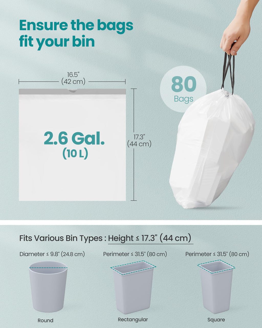 SONGMICS Trash Bags for 8-Gallon (30 L) Trash Cans, Drawstring Kitchen Garbage Bags, Pre-Separated, Liner Code 30A, 2 Rolls, 90 Count, White UKRB30A02