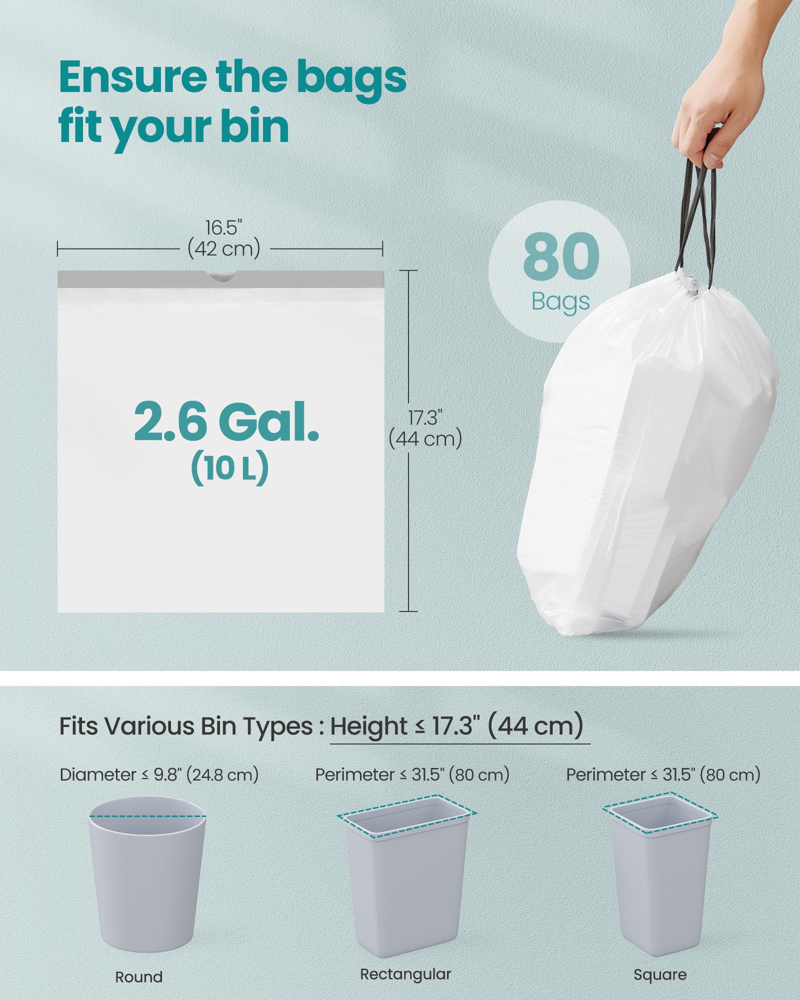 SONGMICS Trash Bags for 8-Gallon (30 L) Trash Cans, Drawstring Kitchen Garbage Bags, Pre-Separated, Liner Code 30A, 2 Rolls, 90 Count, White UKRB30A02