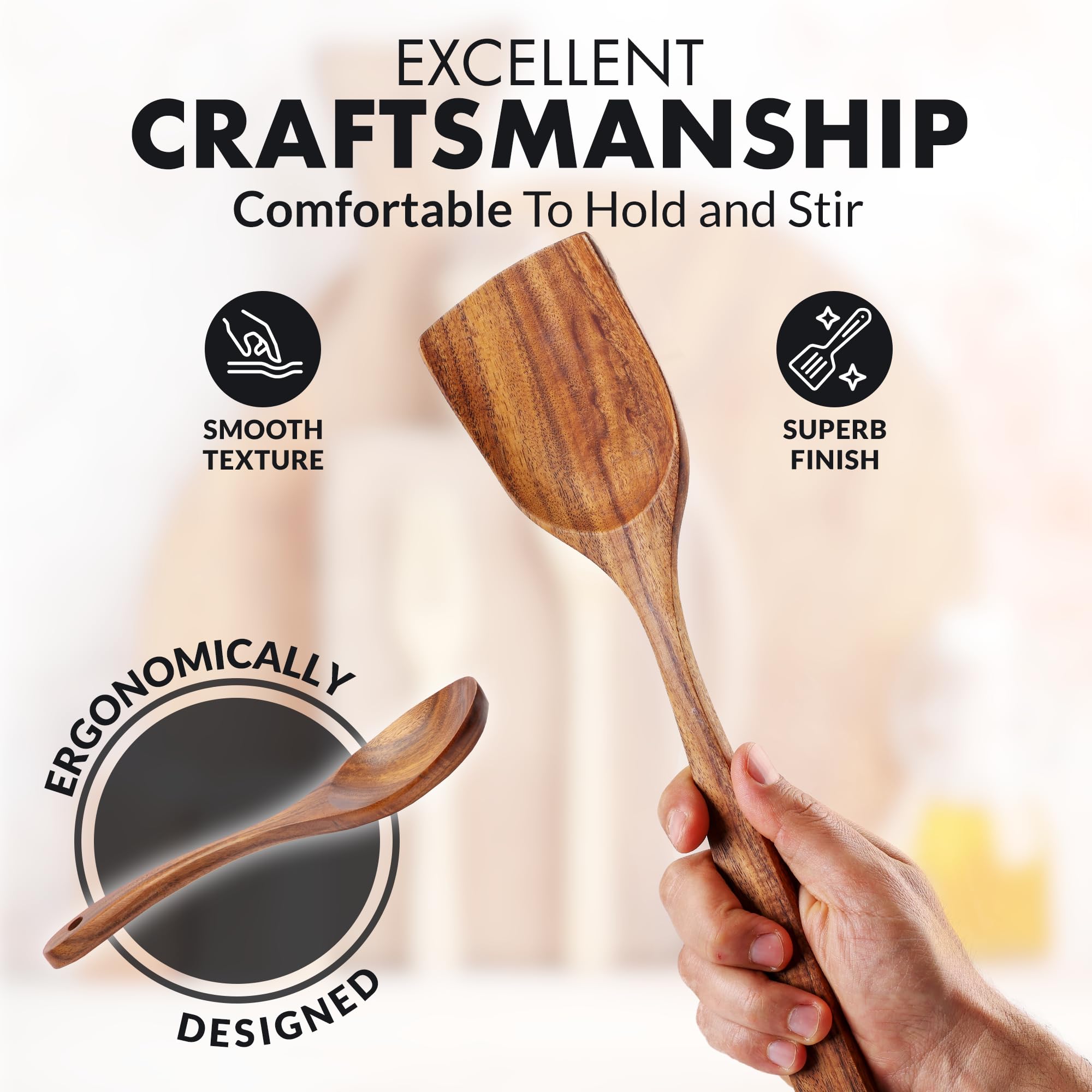 Zulay Kitchen 6 Piece Wooden Spoons for Cooking – Natural Teak Wooden Utensil Set, Easy to Clean, Durable, Smooth with Comfort Grip - Non Toxic Wooden Cooking Utensil Sets