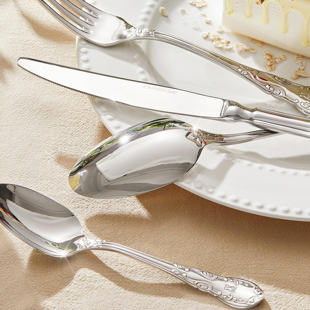 KINGSTONE Vintage Silverware Set, 40-Piece 18/10 Stainless Steel Retro Royal Flatware Cutlery Set for 8 with Carved Thick Handles, Tableware Utensils for Home,Party,Restaurant,Wedding,Dishwasher Safe