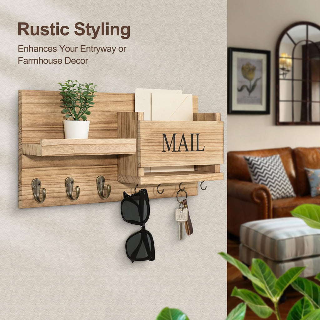 Mail Organizer for Wall Mount – Key Holder with Shelf Includes Letter Holder and Hooks for Hallway Farmhouse Decor – Rustic Wood with Flush Mounting Hardware (16.5” x 9.1” x 3.4”) (White)