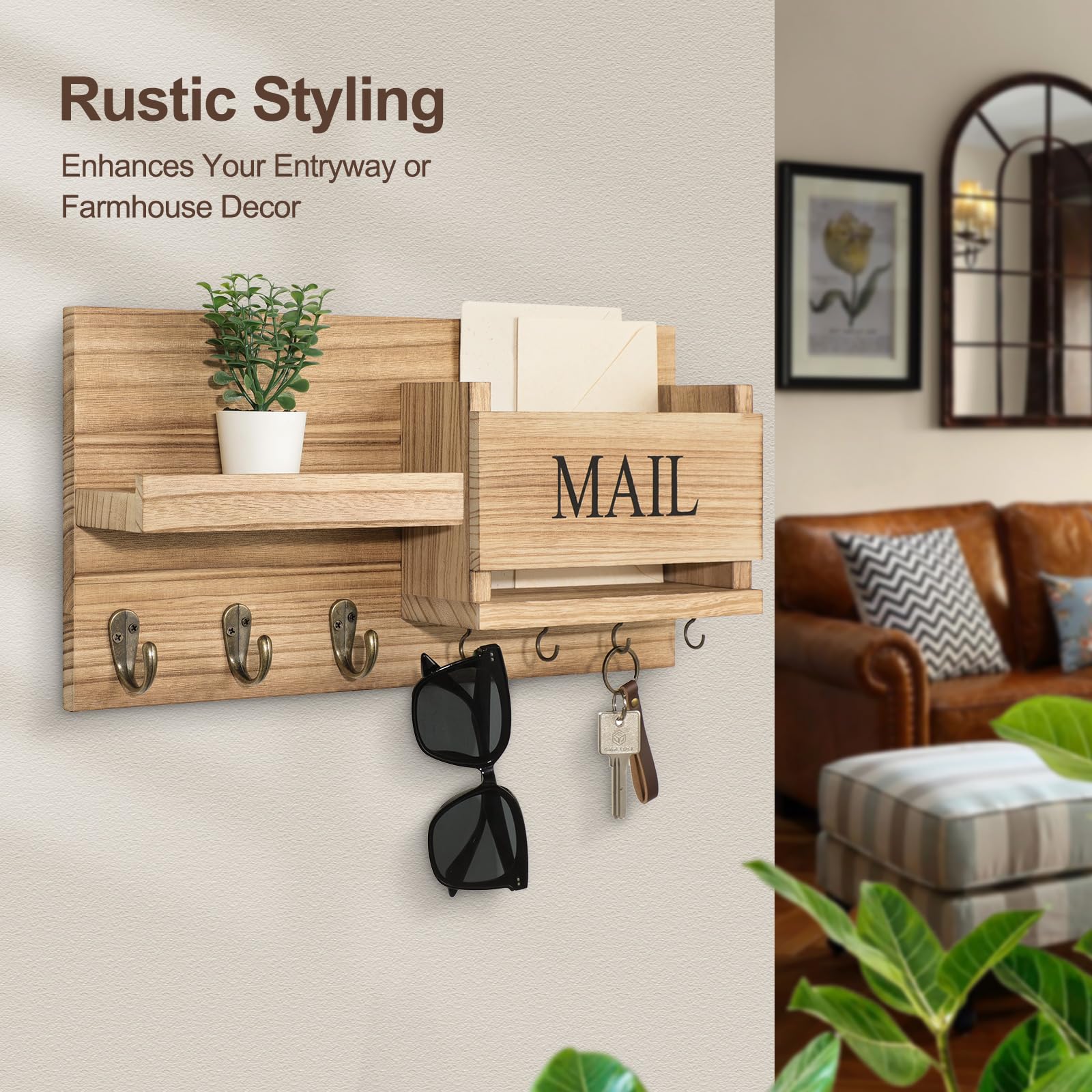 Mail Organizer for Wall Mount – Key Holder with Shelf Includes Letter Holder and Hooks for Hallway Farmhouse Decor – Rustic Wood with Flush Mounting Hardware (16.5” x 9.1” x 3.4”) (White)