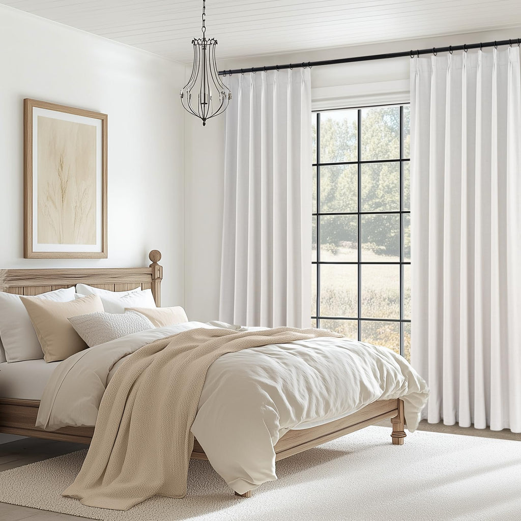 Topfinel Pinch Pleated Curtains 96 Inch Long, 100% Blackout Thermal Insulated Natural Linen Pinch Pleat Viral Drapes with Hooks Rings 2 Panel Sets, Neutral Beige Ivory 8FT Back Tab Window Curtains