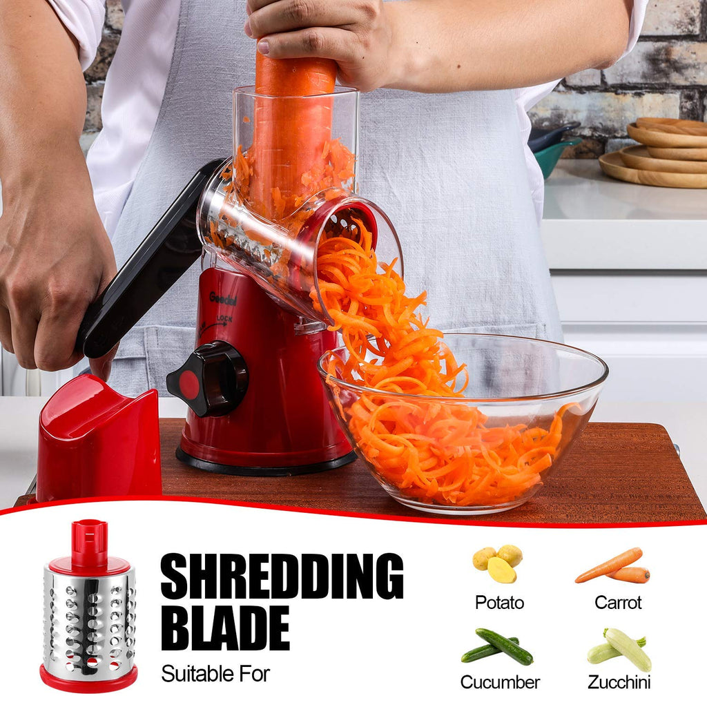 Geedel Rotary Cheese Grater, Kitchen Mandoline Vegetable Slicer with 3 Interchangeable Blades, Easy to Clean Rotary Grater Slicer for Fruit, Vegetables, Nuts