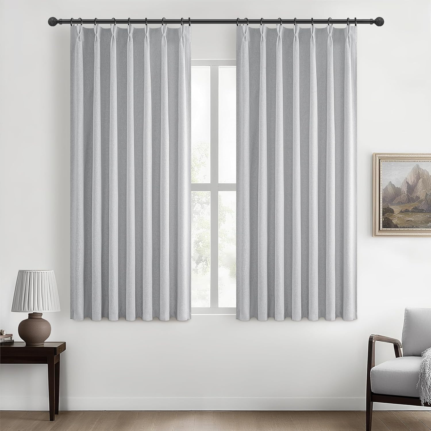 Natural Linen Pinch Pleated Blackout Curtains & Drapes 96 Inch Long Bedroom/Livingroom Farmhouse Curtains 2 Panel Sets, Neutral Track Room Darkening Thermal Insulated 8ft Back Tab Window Curtain