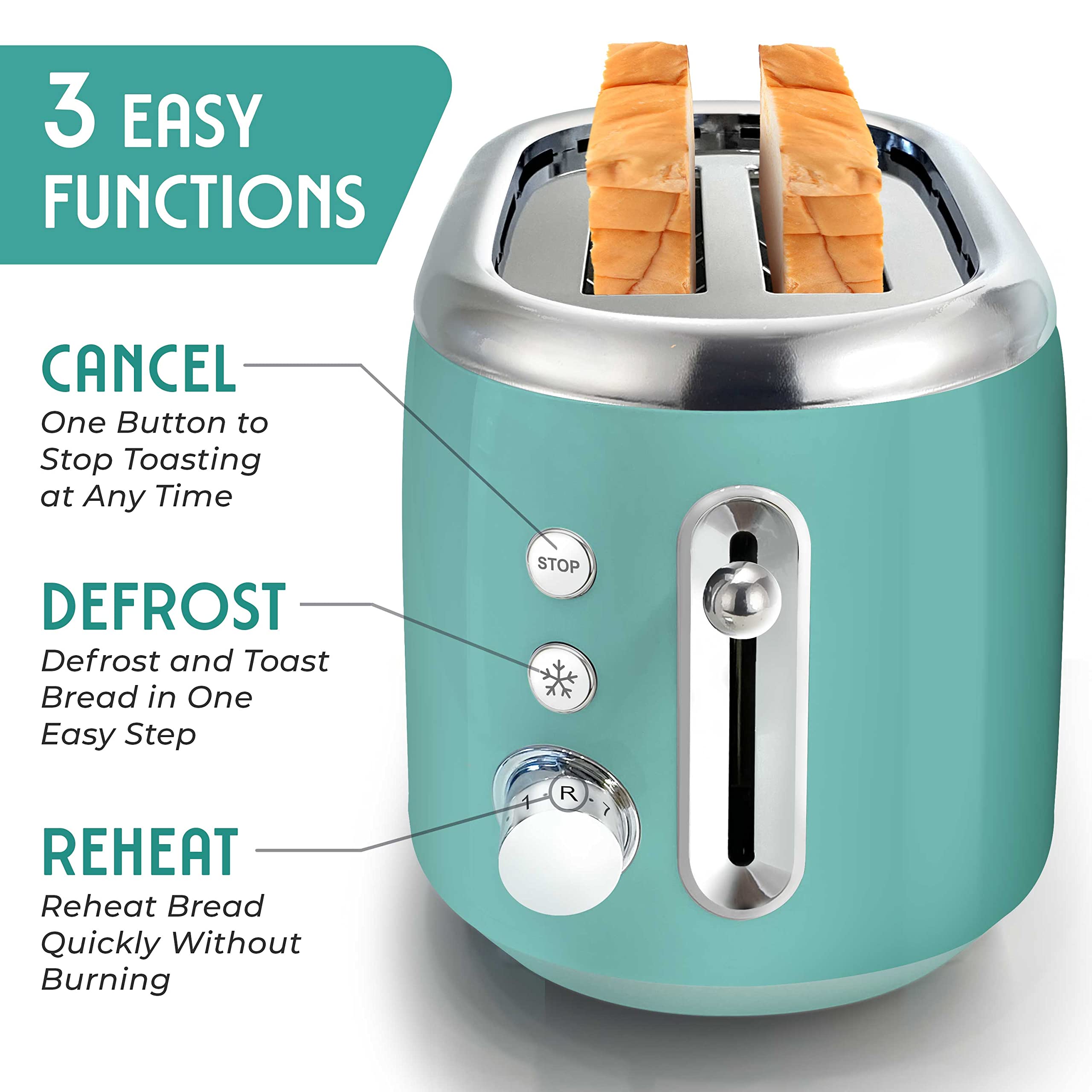 MUELLER HOME Retro Toaster 2 Slice, 7 Browning Levels, 3 Functions (Reheat, Defrost, Cancel), Stainless Steel Features, Removable Crumb Tray, Under Base Cord Storage, Turquoise