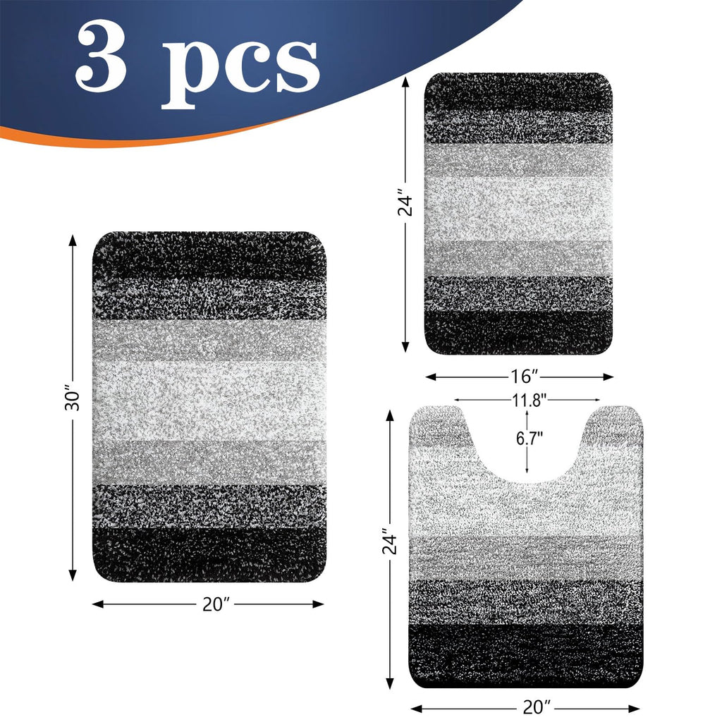 OLANLY Bathroom Rugs Sets 3 Piece, Soft Absorbent Microfiber Bath Mats and U-Shaped Contour Toilet Rug, Machine Wash Dry, Plush Shaggy Bath Mat Set for Bathroom (30"x20"+24"x16"+24"x20", Grey)