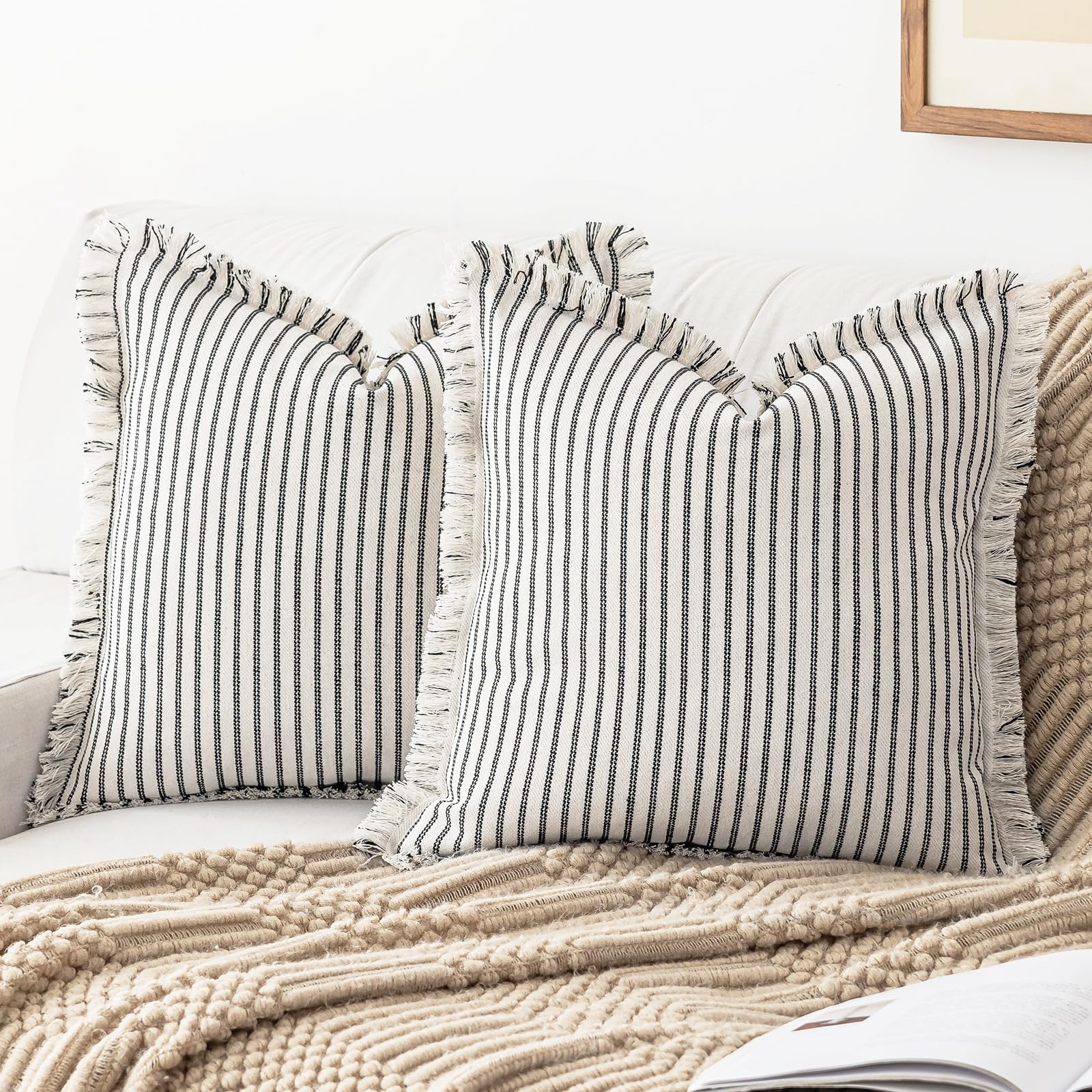 YEENAASY Throw Pillow Covers 20x20 Set of 2 Striped Fringe Pillow Cover Farmhouse Cushion Covers with Tassel Neutral Boho Pillows Decorative Square Pillowcase for Couch Sofa Bed, Black