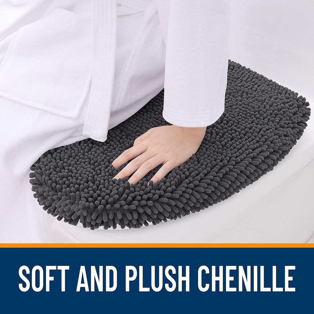 OLANLY Soft Chenille Bathroom Toilet Lid Cover, Machine Washable Seat Covers, 17.5x15, Stays in Place Rubber Backing, Fits Most Round, Elongated and Oblong Lids, Accessories Decor, Gray