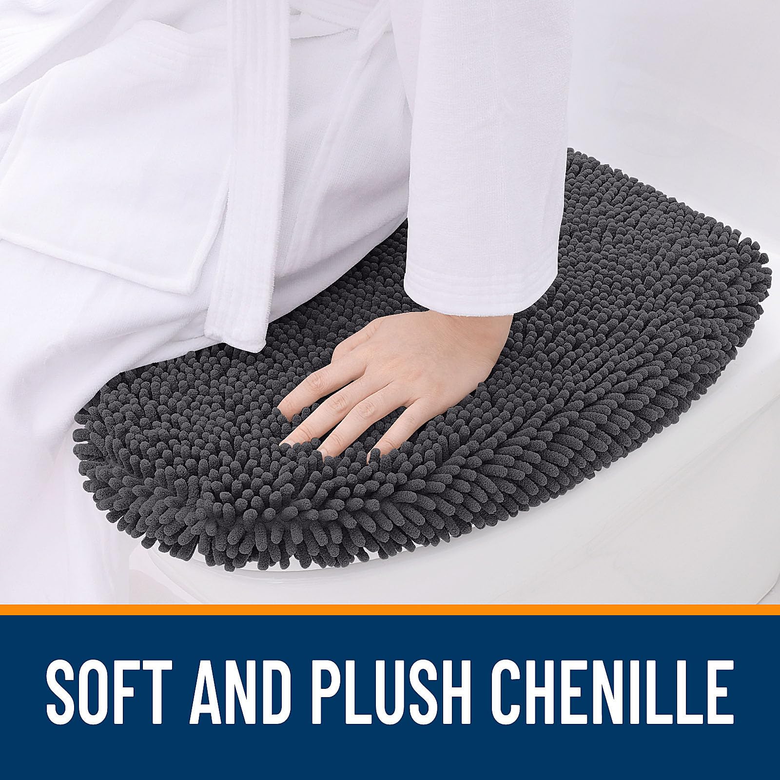 OLANLY Soft Chenille Bathroom Toilet Lid Cover, Machine Washable Seat Covers, 17.5x15, Stays in Place Rubber Backing, Fits Most Round, Elongated and Oblong Lids, Accessories Decor, Gray