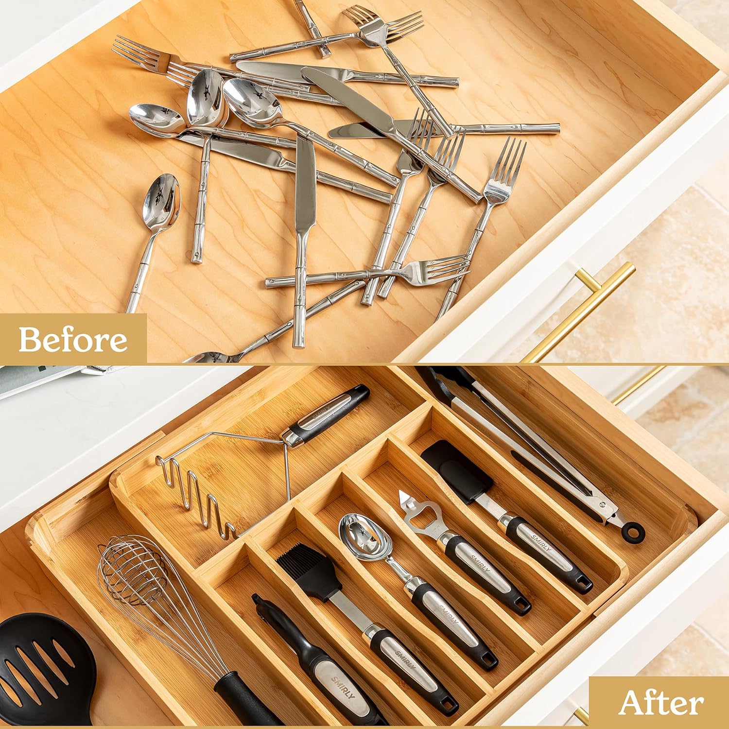 SMIRLY Ultimate Kitchen Drawer Organizer Bundle: The Perfect Pair of Expandable & Compact Drawer Organizers