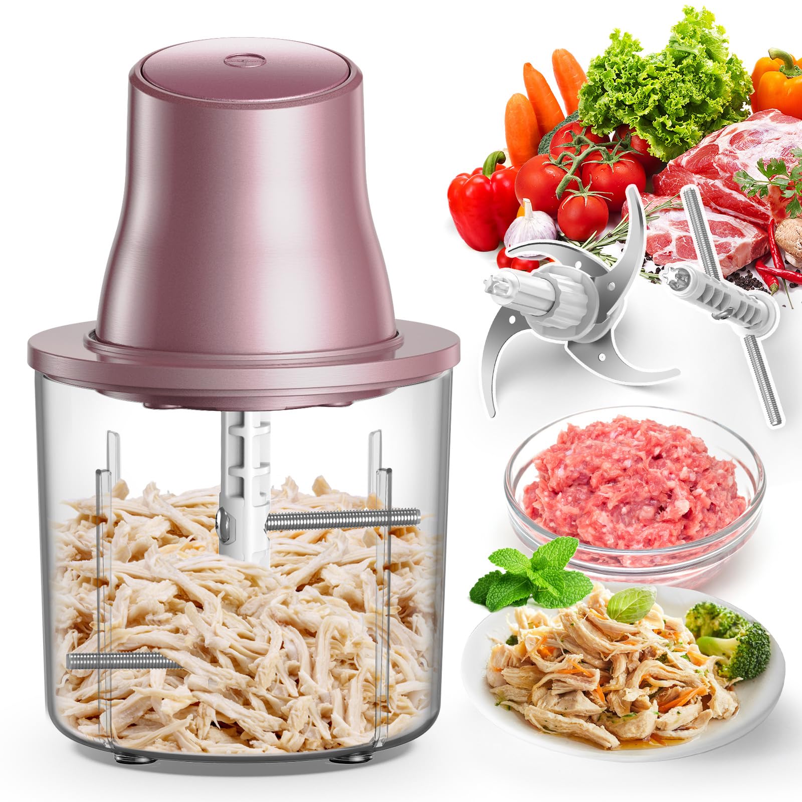Food Processors, 2 IN 1 Electric Chicken Shredder &Food Chopper with 250W Copper Motor,1.5L Bowls & 2 Bi-Level Blades,One-Touch Electric Chicken Breast Shredder Tool-Smart Overheat Protection