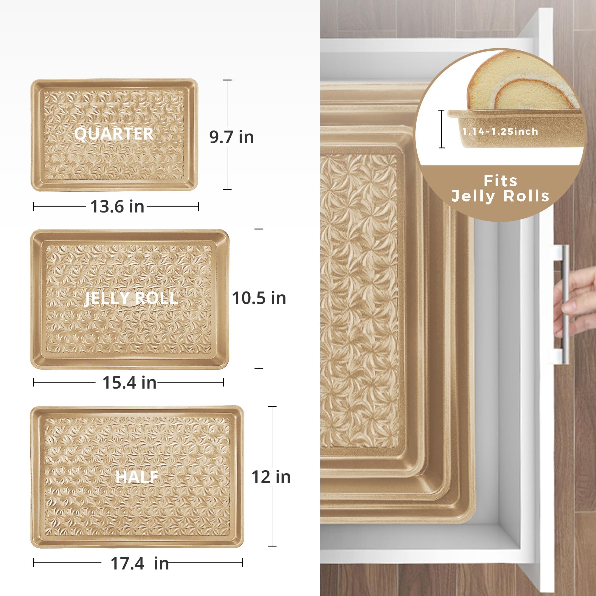 HONGBAKE Nonstick Baking Sheet Pan Set of 3, Cookie Sheets for Oven, Non-Toxic Half/Quarter/Jelly Roll Pans with Floral Swirl Texture, Heavy Duty 0.8mm Thick Oven Trays for Cooking, Dark Gray