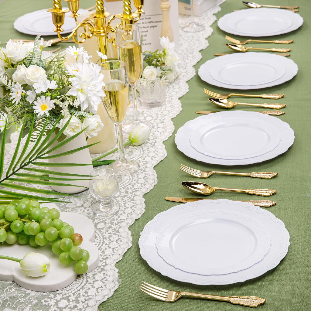 DaYammi 150Pcs Ivory Plastic Plates with Gold Rim,Disposable Plastic Plates Include 30 Dinner Plate,30 Salad Plate,30 Forks,30 Spoons,30 Knives,Ivory and Gold Plates for Party,Wedding,Mother's Day