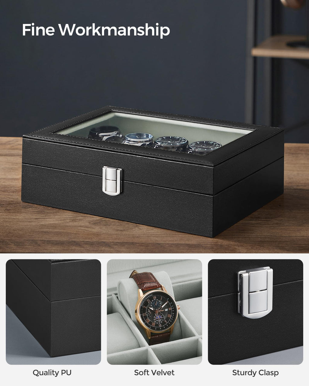 SONGMICS Watch Box, 12-Slot Watch Case Organizer with Large Glass Lid, Removable Pillows, Gift for Loved Ones, Black Synthetic Leather, Gray Lining UJWB12BK