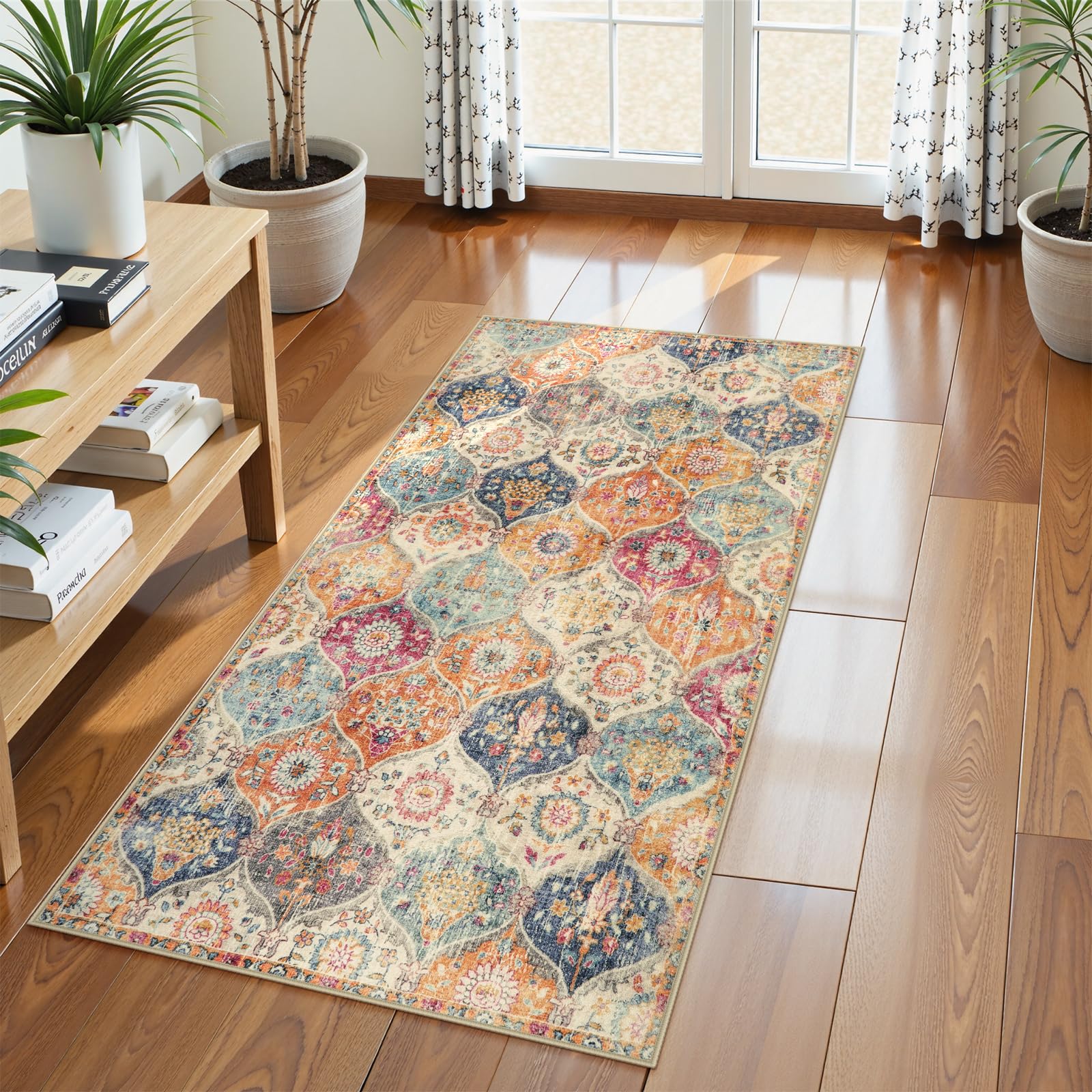 Lahome Moroccan Trellis Washable Rug, 2x3 Kitchen Rugs for Entryway Bathroom, Non-Slip Indoor Door Mat Ultra-Thin, Small Oriental Throw Carpet for Bedroom Entry Elise, Cream/Multi