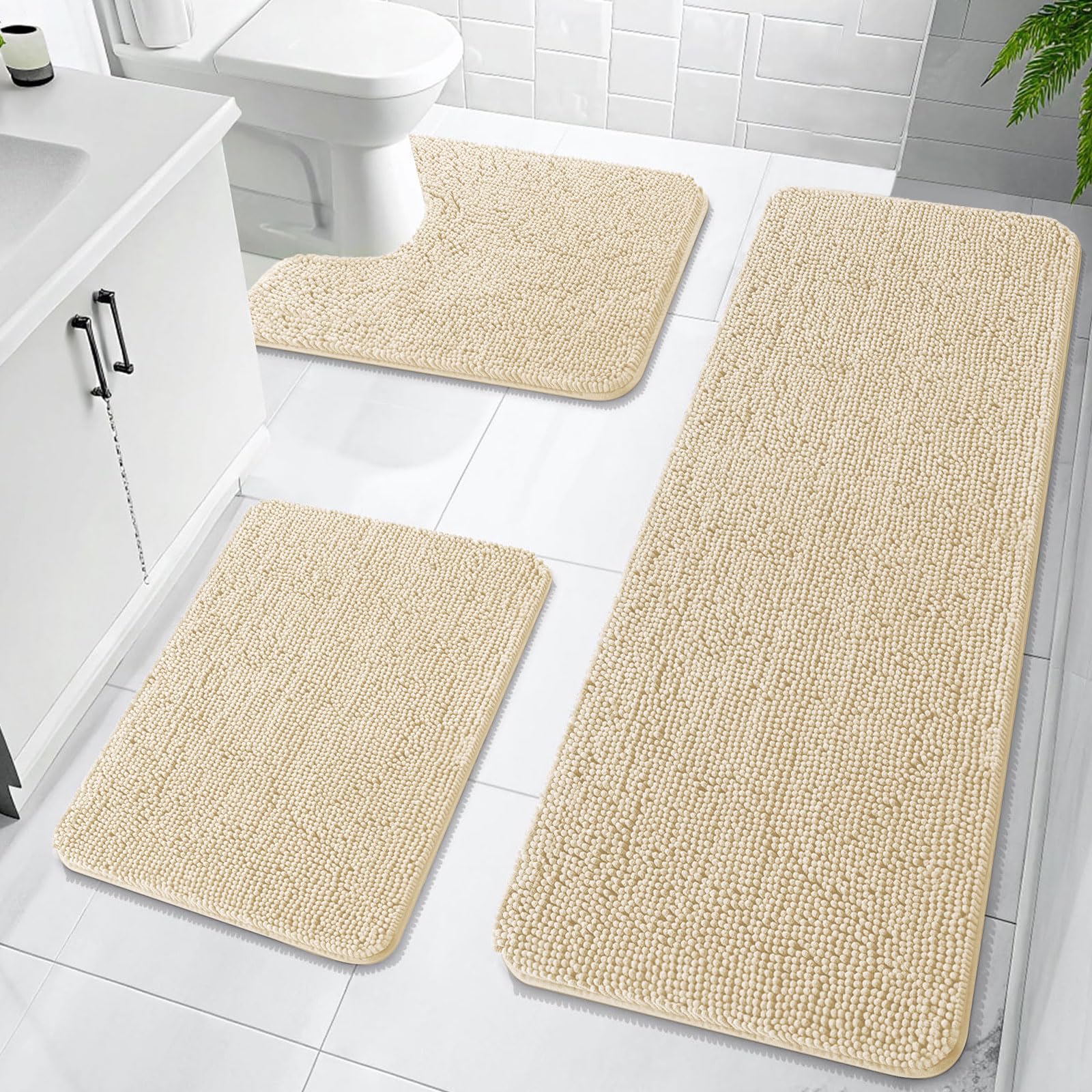 OLANLY Bathroom Rugs Sets 3 Piece, Soft Absorbent Chenille Bath Mats and U-Shaped Contour Toilet Rug, Quick Dry, Home Decor Accessories, Bath Mat Set for Bathroom (30"x20"+24"x16"+24"x20", Grey)