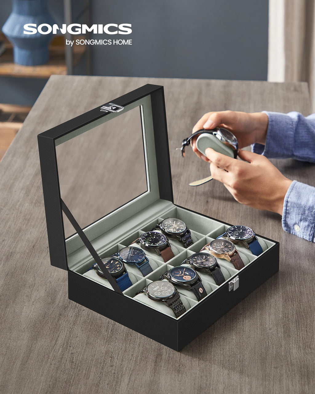 SONGMICS Watch Box, 12-Slot Watch Case Organizer with Large Glass Lid, Removable Pillows, Gift for Loved Ones, Black Synthetic Leather, Gray Lining UJWB12BK