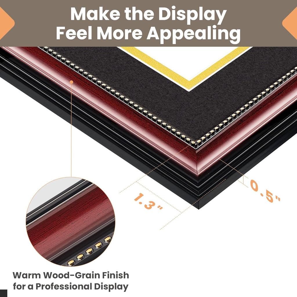 upsimples Diploma Frame 8.5 x 11 with Mat, Certificate Degree Document Frame, Displays Diploma Frame 11x14 without Mat, Classic Wood Grain with Gold Beading, Includes Black & Gold Mats, 1 Pack