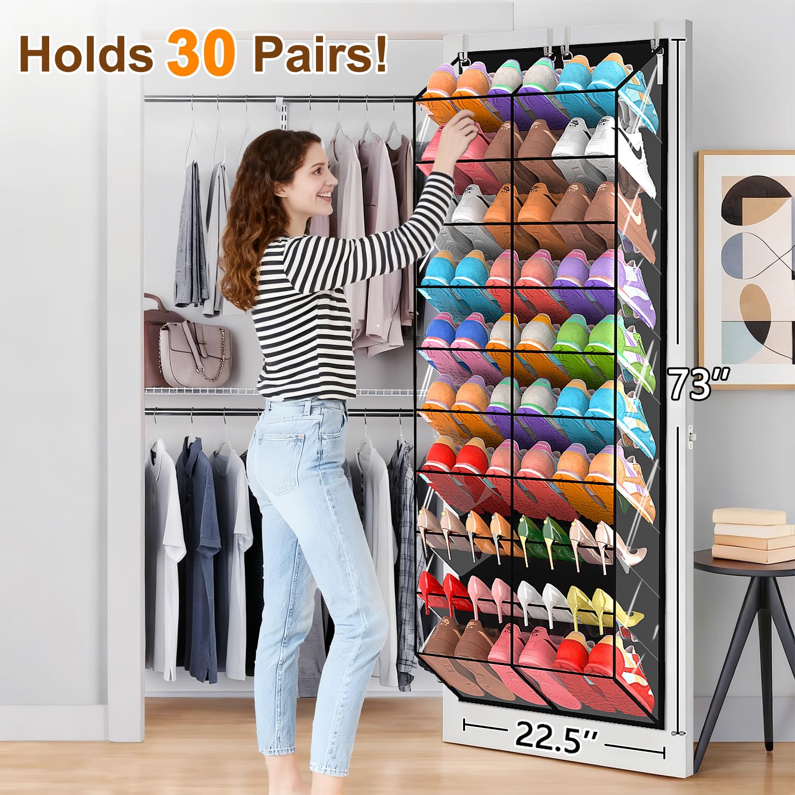 UVIAHOMI 20-30 Pairs Over the Door Shoe Organizer, Clear Pockets Hanging Shoe Storage for Closet, 10-Tier Door Shoes Rack, Handing Shoes Holder Fit All the Family's Sneakers, Boots, Heels, Black