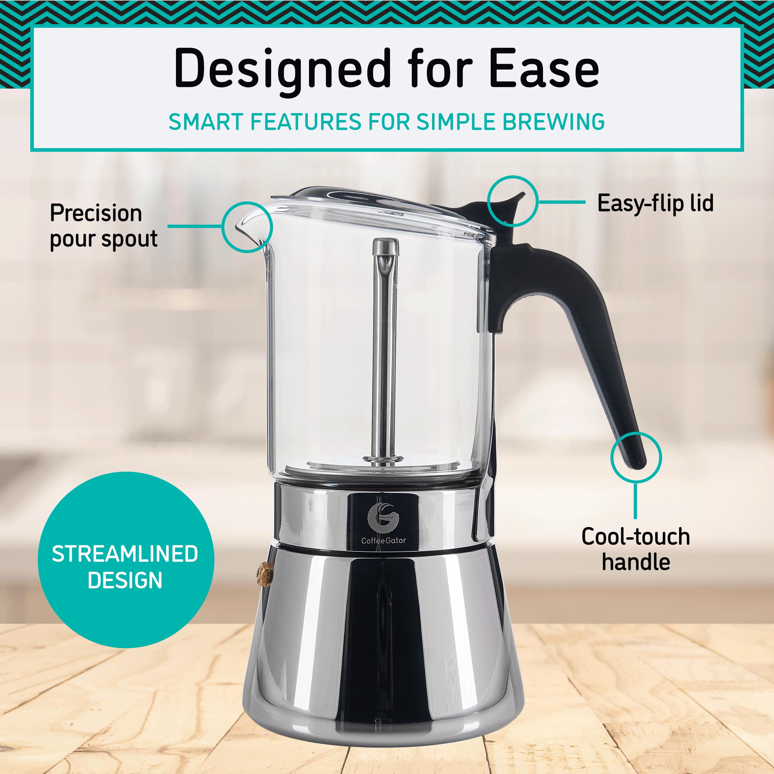 Coffee Gator Moka Pot - 6 Cup, 12oz Stovetop Espresso Maker - Classic Italian and Cuban Coffee Percolator w/ 2 Stainless-Steel Cups – Matte Grey Aluminum, 360ml