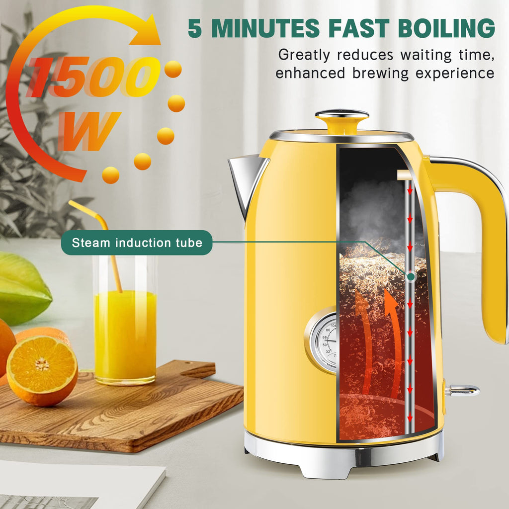 SUSTEAS Electric Kettle - 57oz Hot Tea Water Boiler with Thermometer, 1500W Fast Heating Stainless Steel Pot, Cordless LED Indicator, Auto Shut-Off & Boil Dry Protection, Retro Green