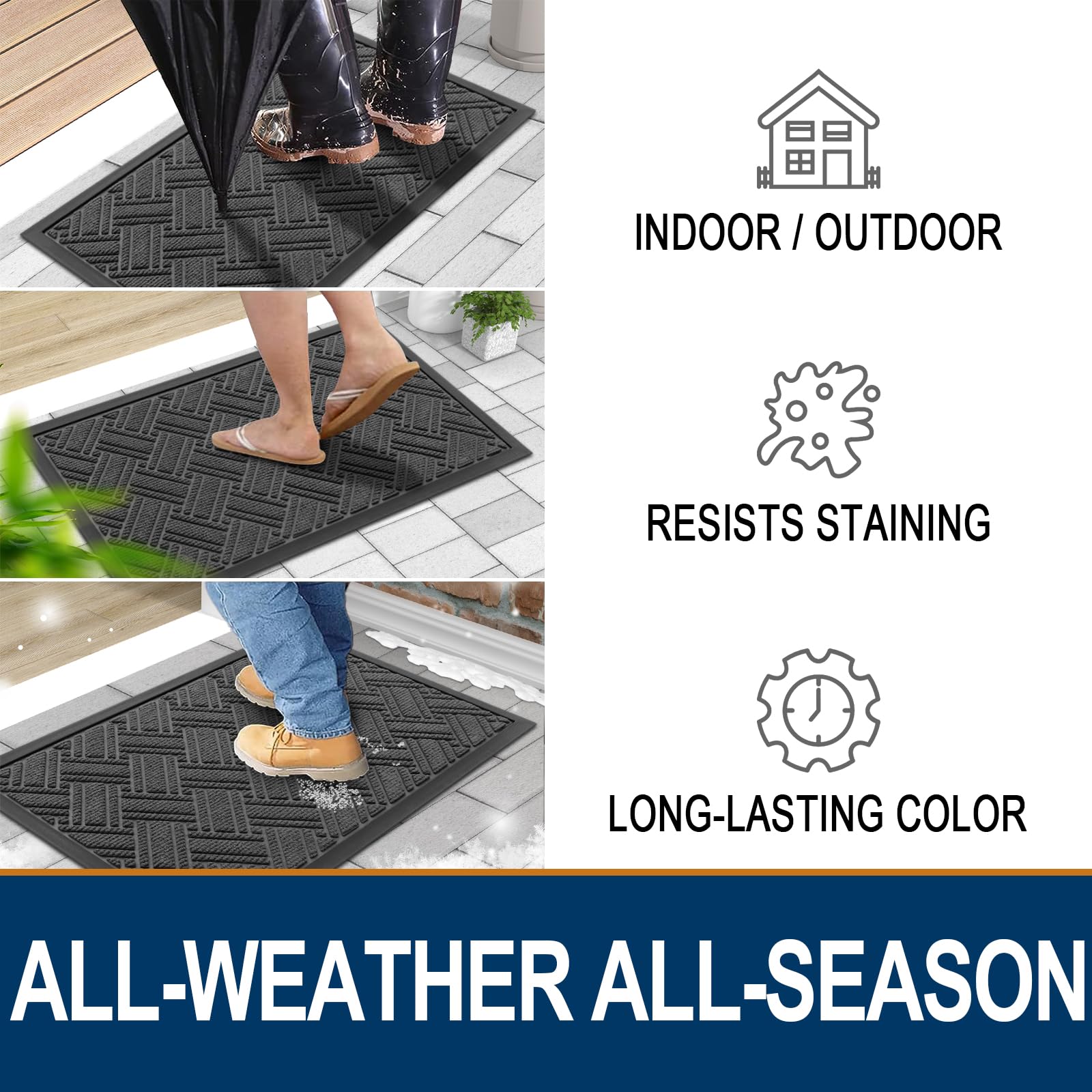 OLANLY Indoor Outdoor Mat, Sturdy Natural Rubber Floor Mat, Non Slip Low Profile Waterproof Doormat, and Stain Front Door Mats, Easy Clean Patio Entrance Mat, 30''x17'', Black