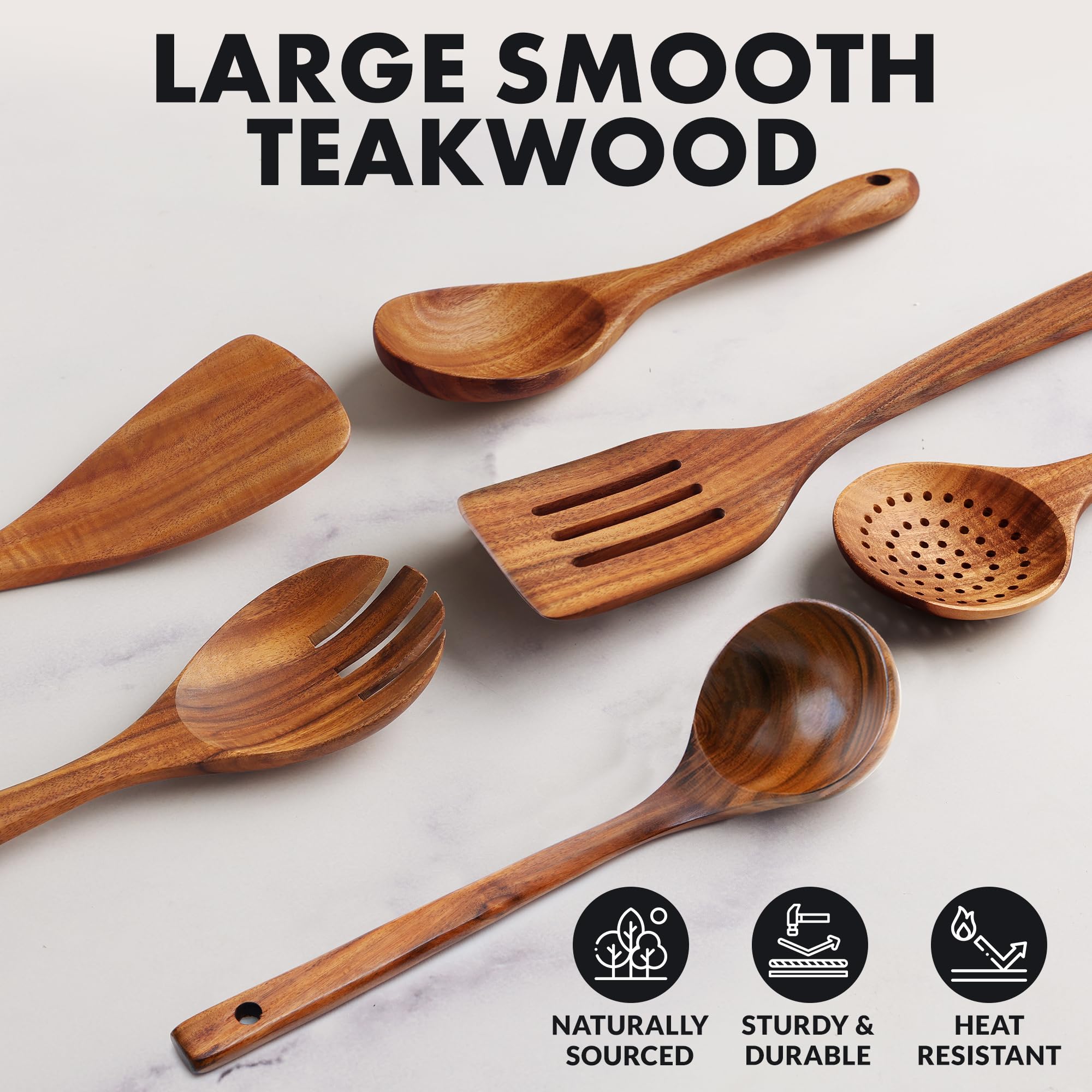 Zulay Kitchen 6 Piece Wooden Spoons for Cooking – Natural Teak Wooden Utensil Set, Easy to Clean, Durable, Smooth with Comfort Grip - Non Toxic Wooden Cooking Utensil Sets