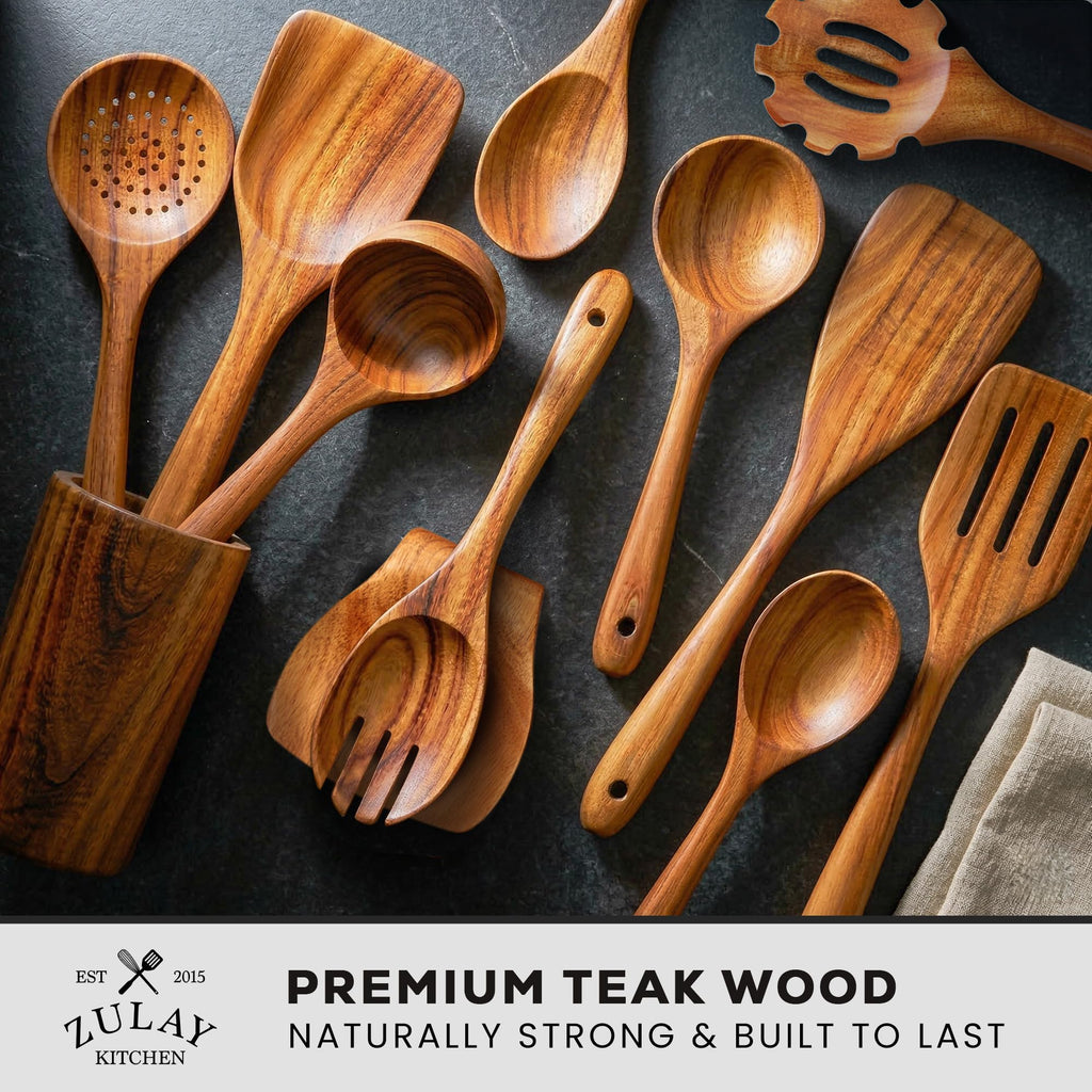 Zulay Kitchen 6 Piece Wooden Spoons for Cooking – Natural Teak Wooden Utensil Set, Easy to Clean, Durable, Smooth with Comfort Grip - Non Toxic Wooden Cooking Utensil Sets