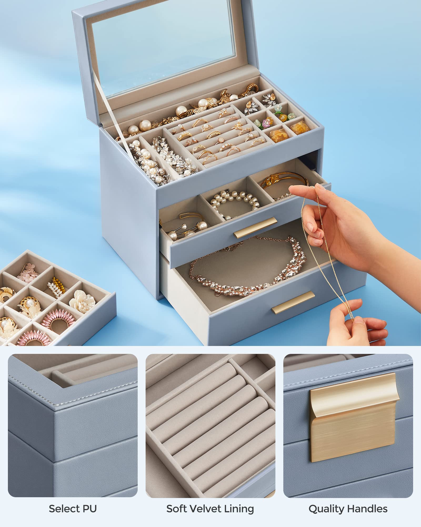 SONGMICS GISELLA Collection - Jewelry Box Organizer, 3-Layer Jewelry Storage with 2 Drawers, Shiny Metal Hardware, Glass Lid, Modern, 8 x 9.1 x 5.3 Inches, Cloud White and Gold Color UJBC239WT