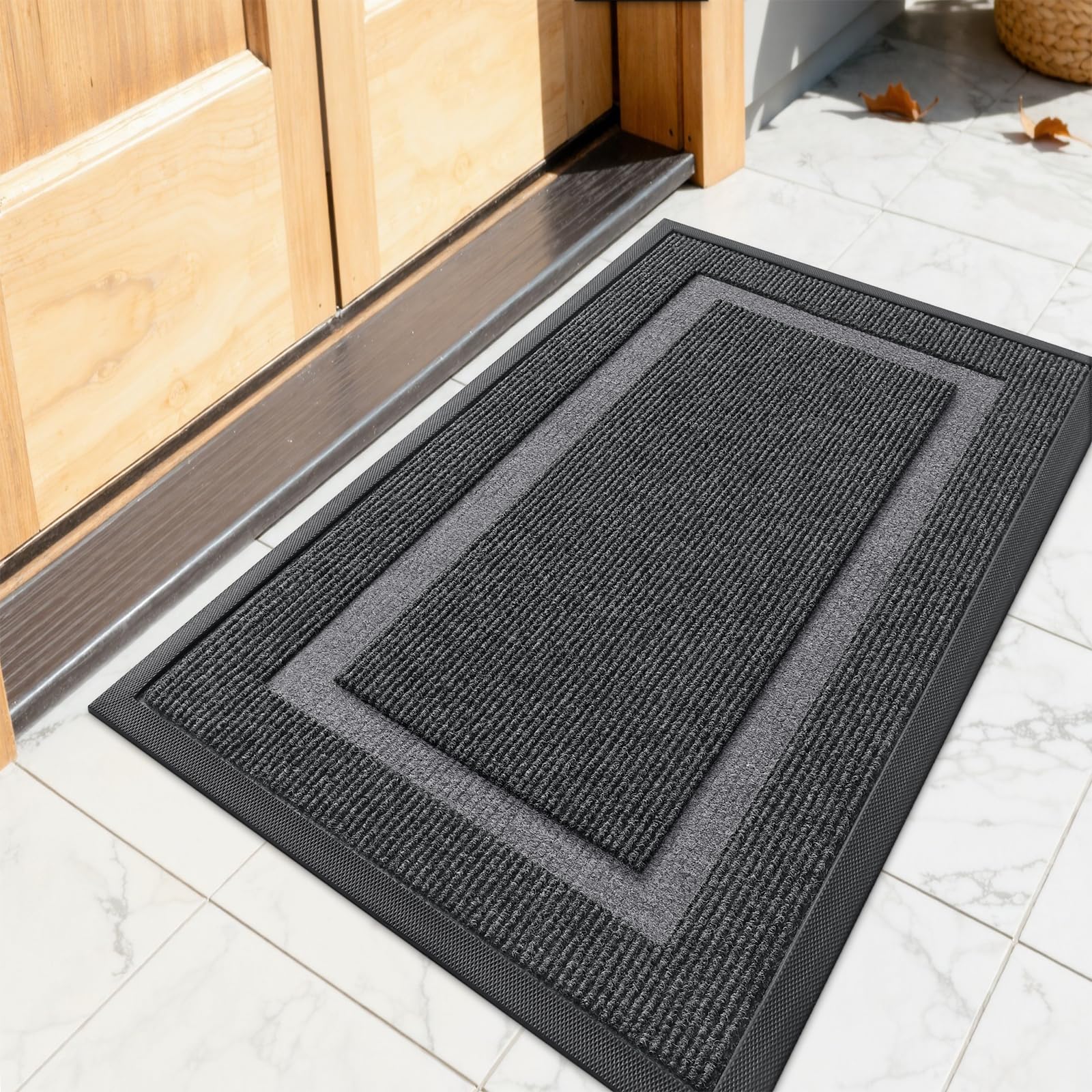 OLANLY Front Door Mat Indoor Outdoor Entrance, Waterproof All-Season, All-Weather Doormat, Sturdy Natural Rubber, Fade Resistant, Low Profile, Easy Clean Patio Porch Entryway Mat, 29.5x17, Black