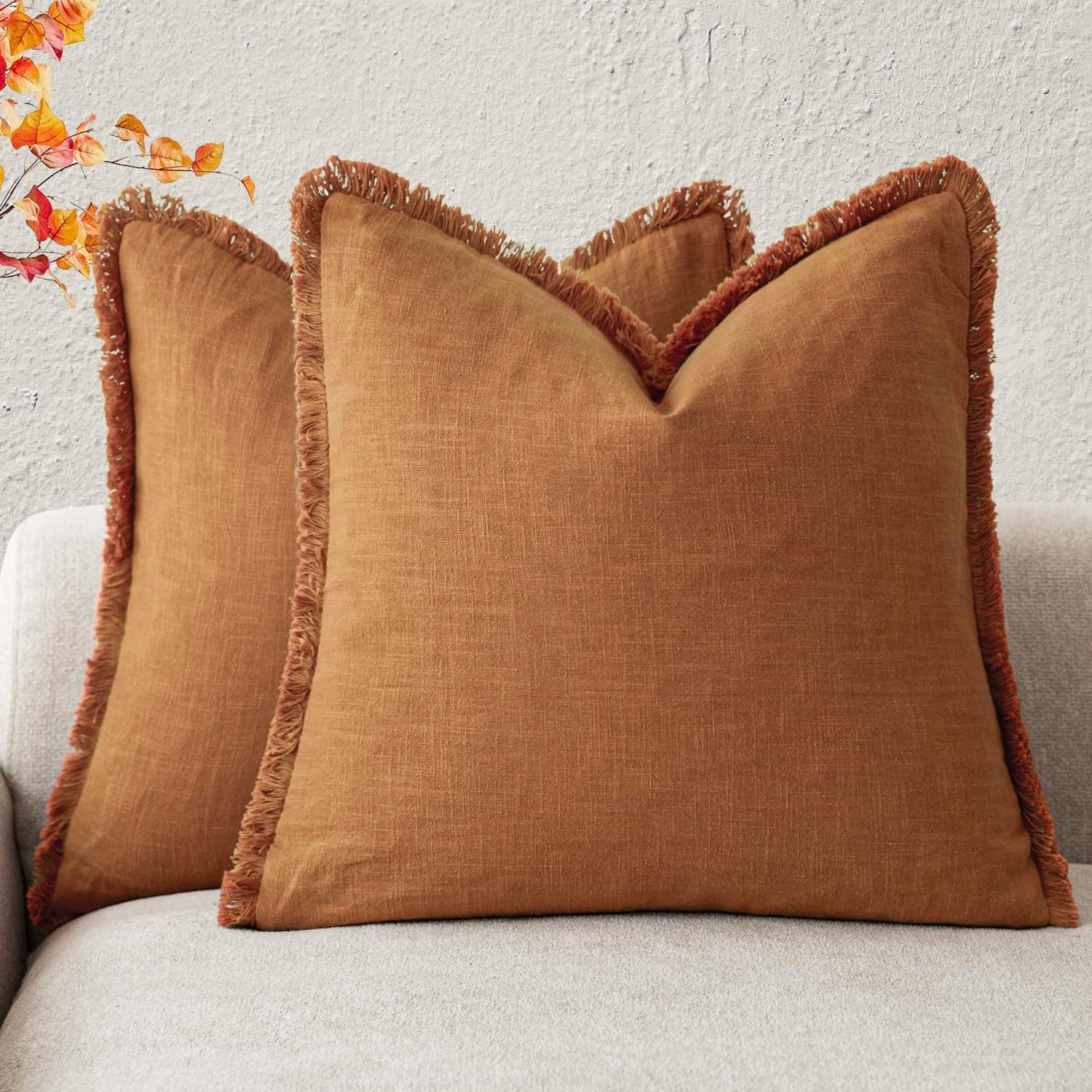 Foindtower Set of 2 Decorative Linen Fringe Throw Pillow Covers Cozy Boho Farmhouse Cushion Cover with Tassels Soft Accent Pillowcase for Couch Sofa Bed Living Room Home Decor,18×18 Inch,Navy Blue