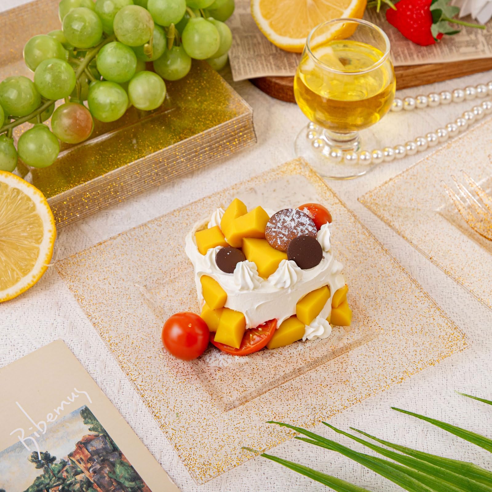 DaYammi 200Pcs Gold Dessert Plates Including 100Pcs Appetizer Plates 6",100Pcs Plastic Forks 5.7",Gold Glitter Plastic Square Plate for Party,Gold Salad Plate and Cake Forks for Party Wedding