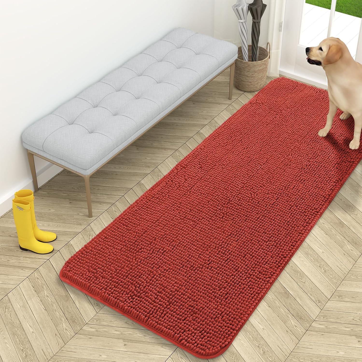 OLANLY Dog Door Mat for Muddy Paws 70x24, Absorbs Moisture and Dirt, Absorbent Non-Slip Washable Doormat, Quick Dry Chenille Mud Mat for Dogs, Entry Indoor Entryway Carpet for Inside Floor, Beige