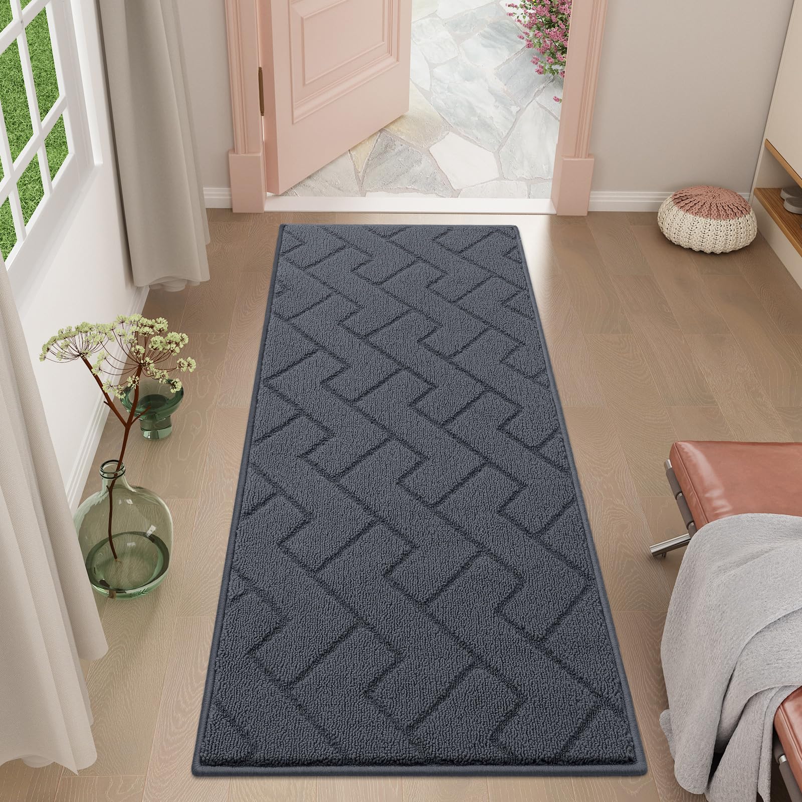 OLANLY Indoor Door Mat, 32x20, Dirt Resistant and Absorbent, Sturdy Non-Slip Rubber Backing, Easy to Clean, Washable Low-Profile Doormat for Entryway, Grey
